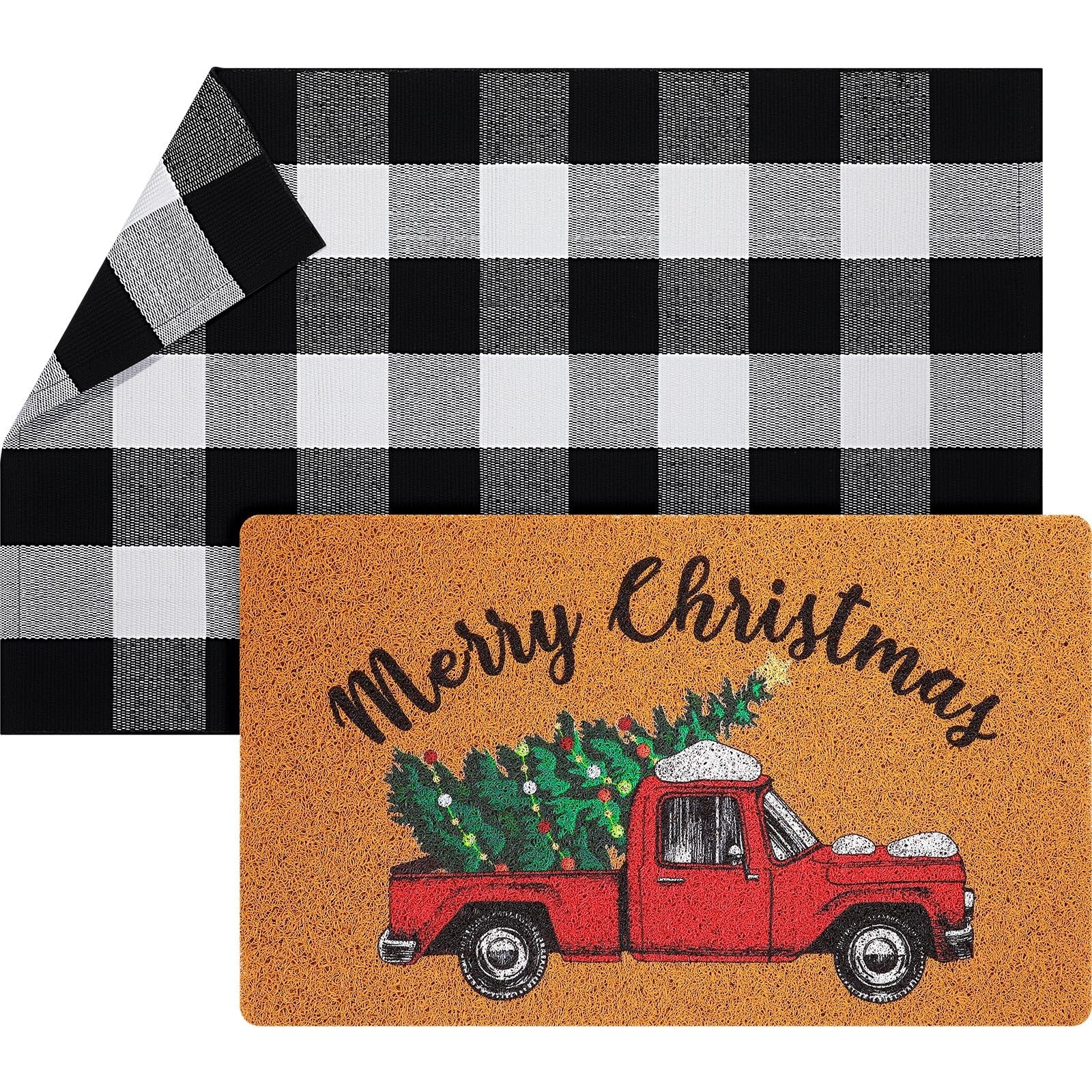 2 Pcs Christmas Door Mat Xmas Front Doormat Black and White Buffalo Checkered…