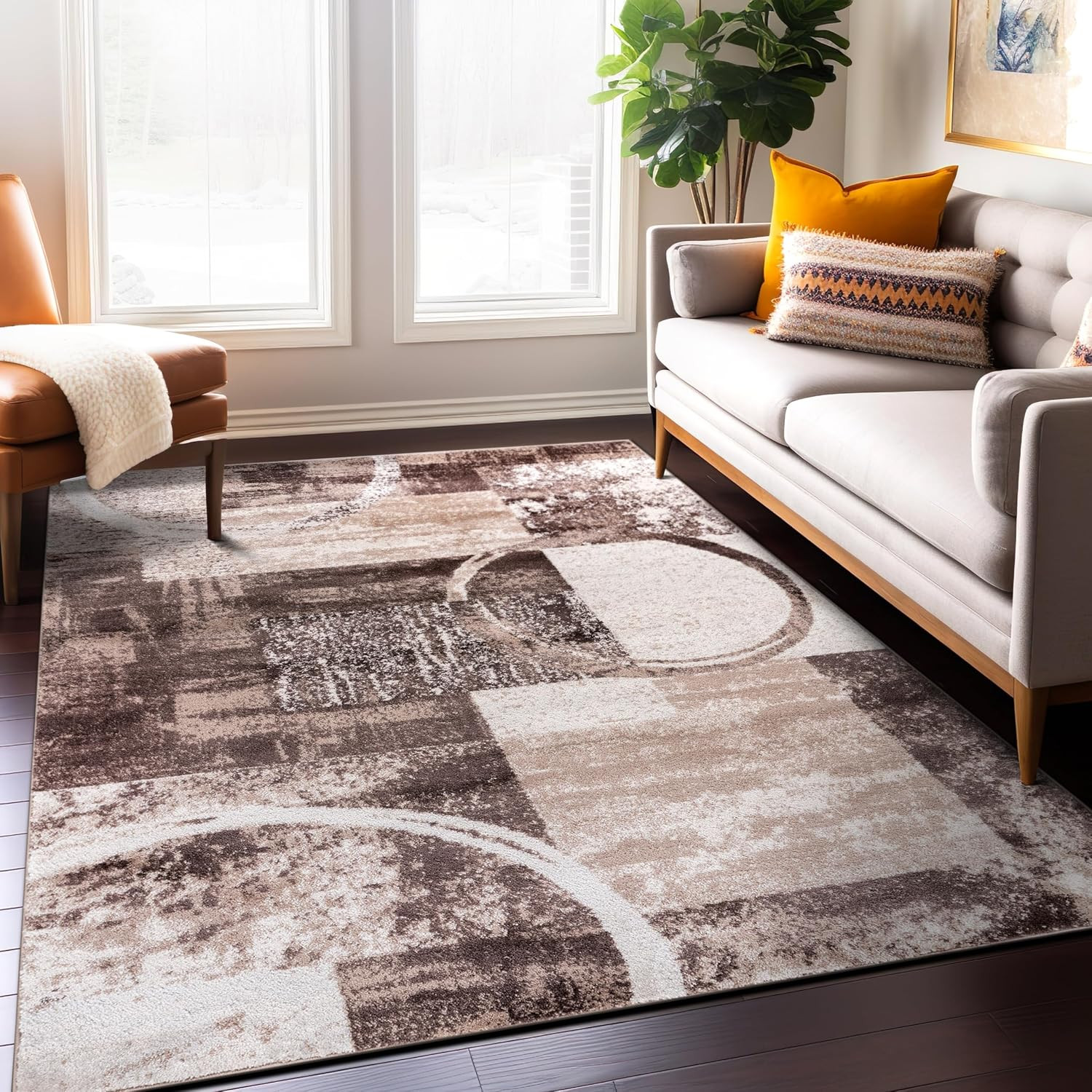 Modern Abstract Circle Area Rug, Non-Shedding, 6’6″ x 9′, Brown