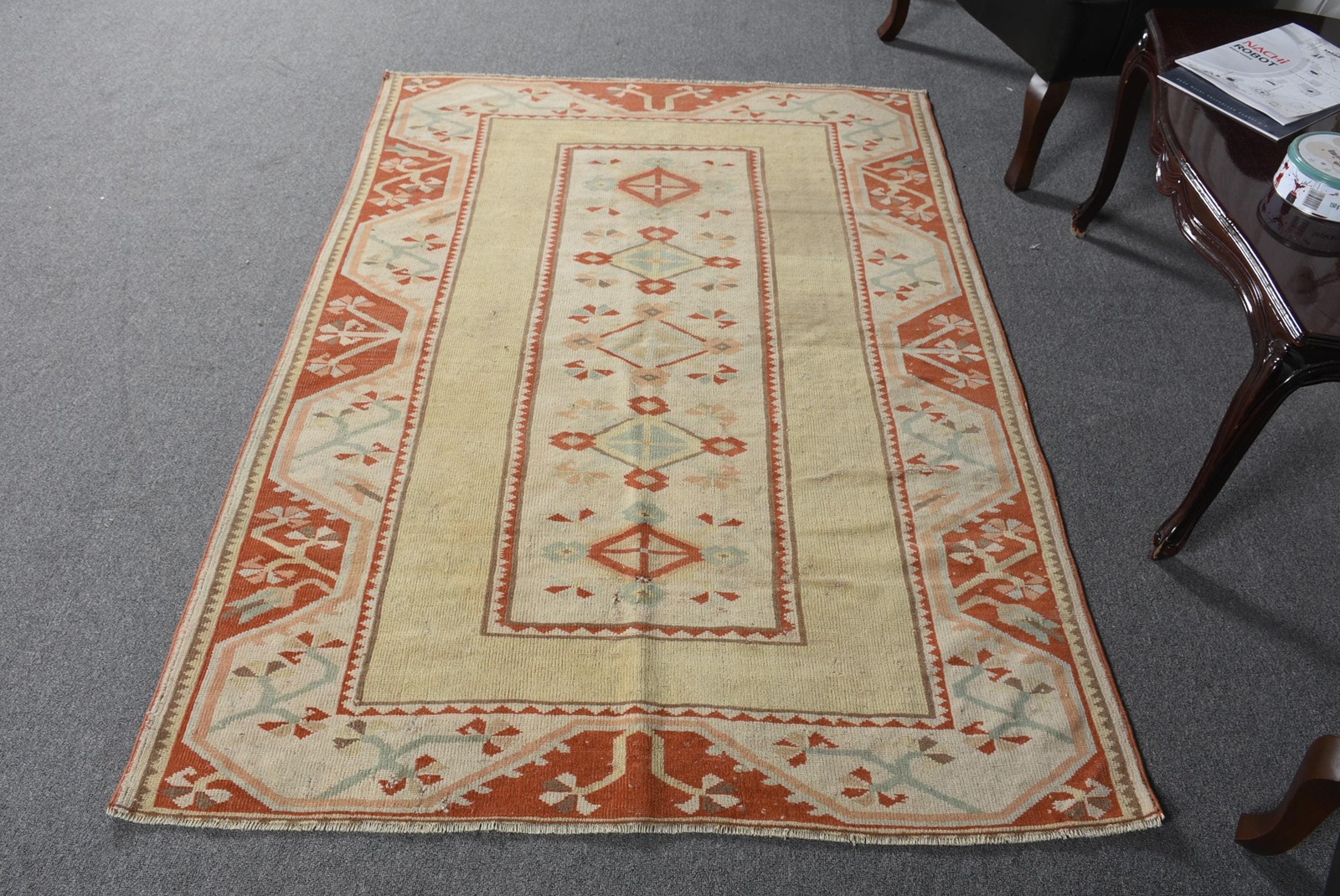 Vintage 4,2×5,9 ft Rug, Turkish Area Rug, Brown Ikat Rug