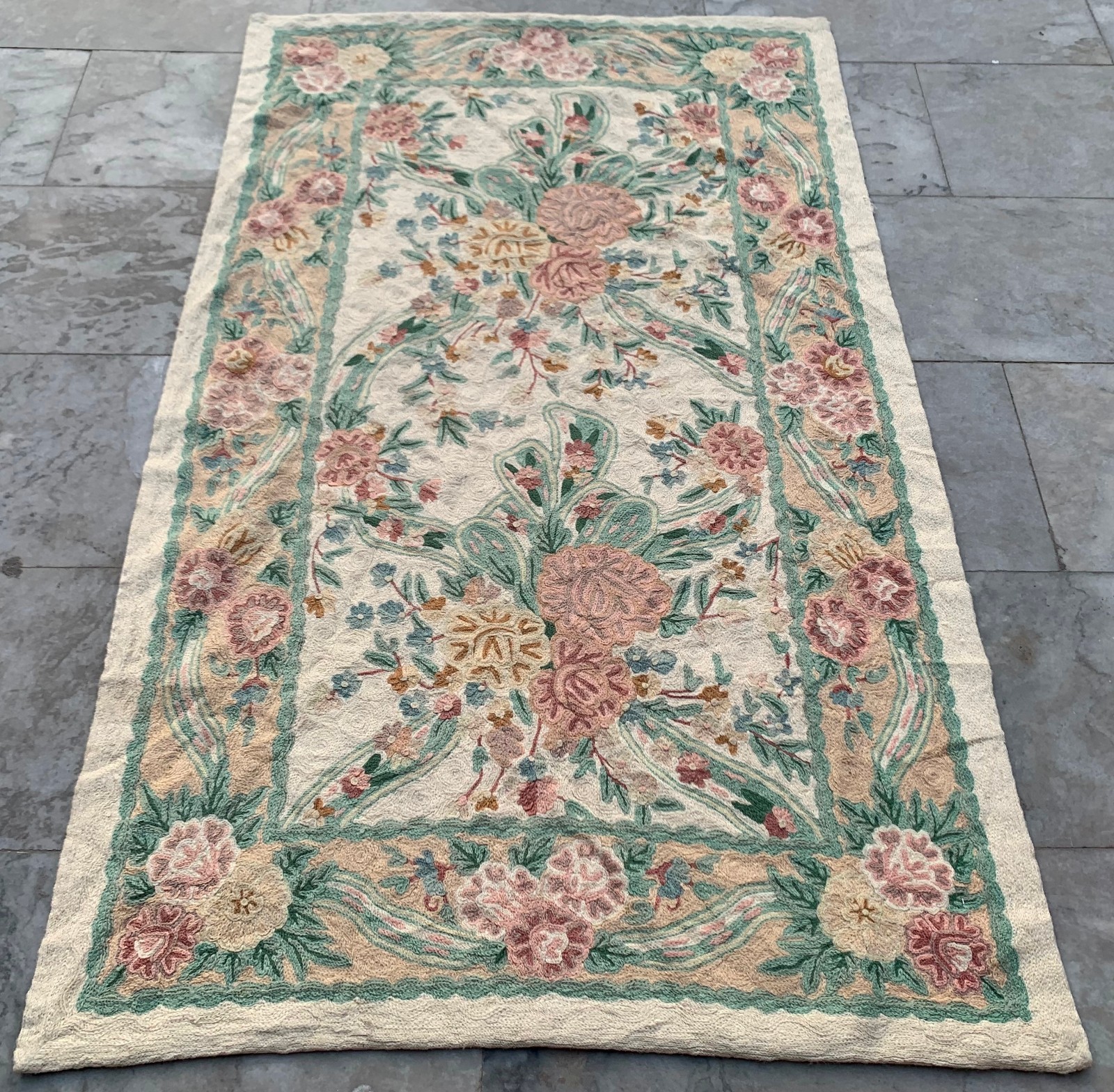 Vintage French Aubusson Needlepoint Rug 3×5 Ft Handmade Chain Stitch Medallion