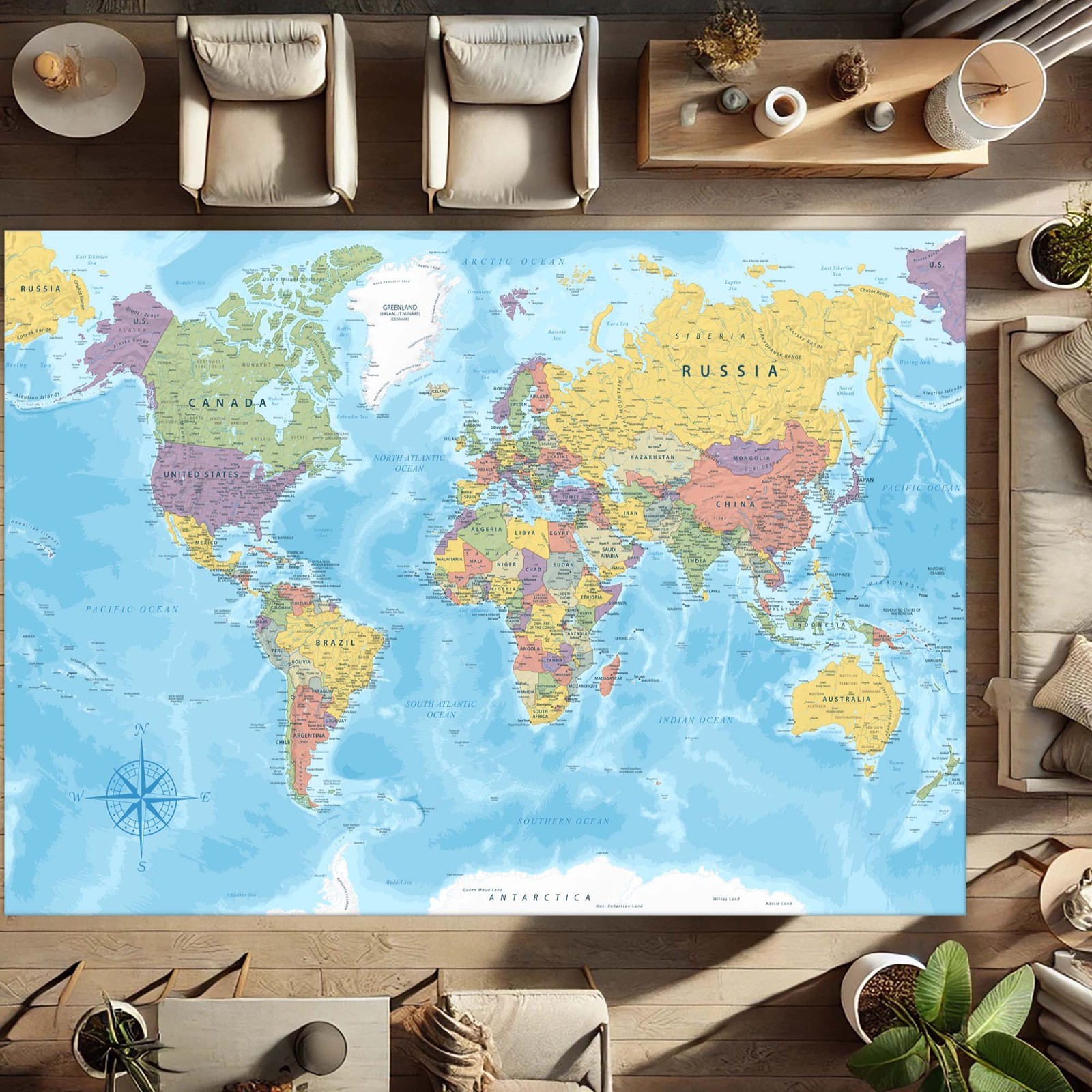 World Map Design Rug, Educational Geography, Kids Learning Carpet