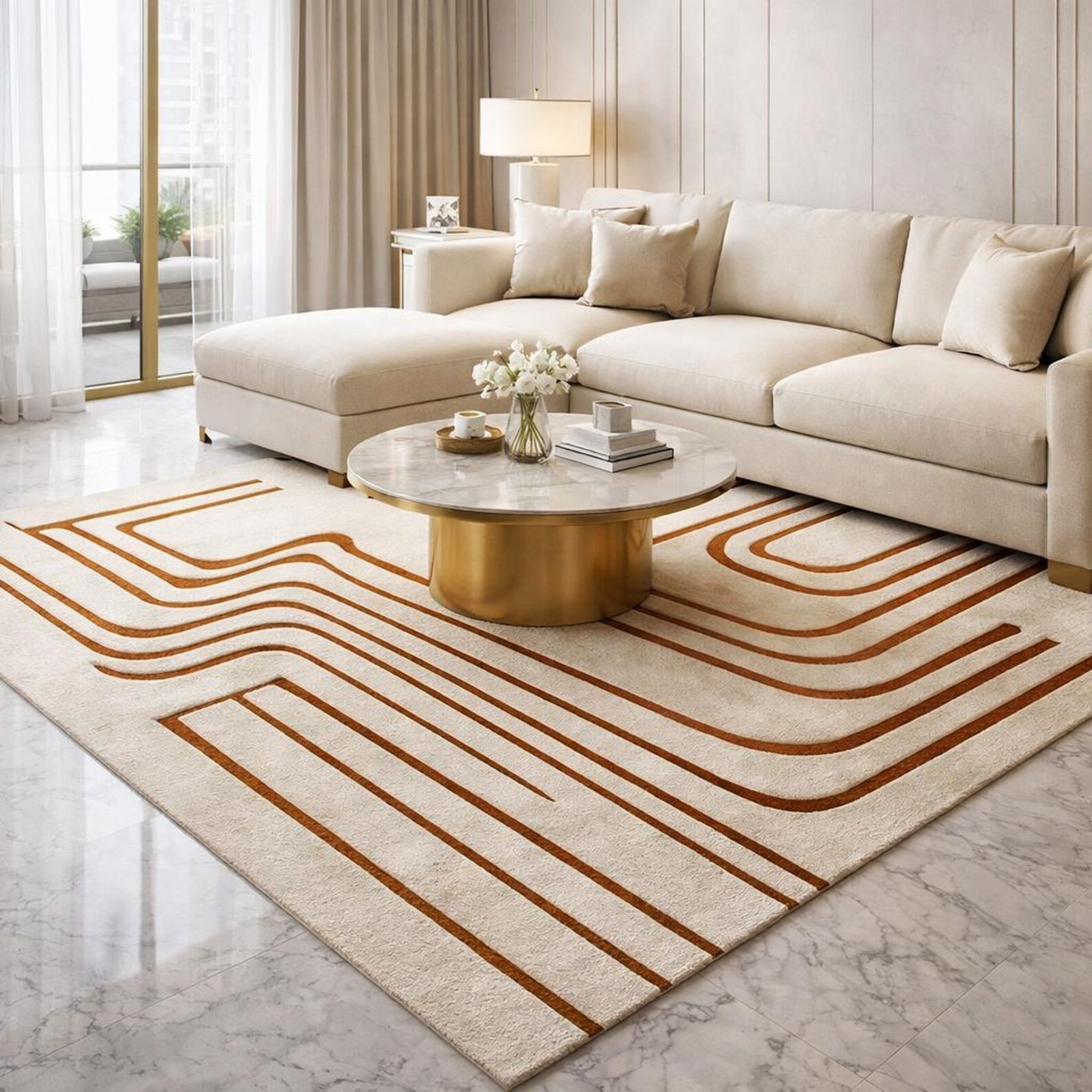 Luxury Hand Tufted Geometric Rug, Cream & Rust Modern Abstract Area Rug Carpet.