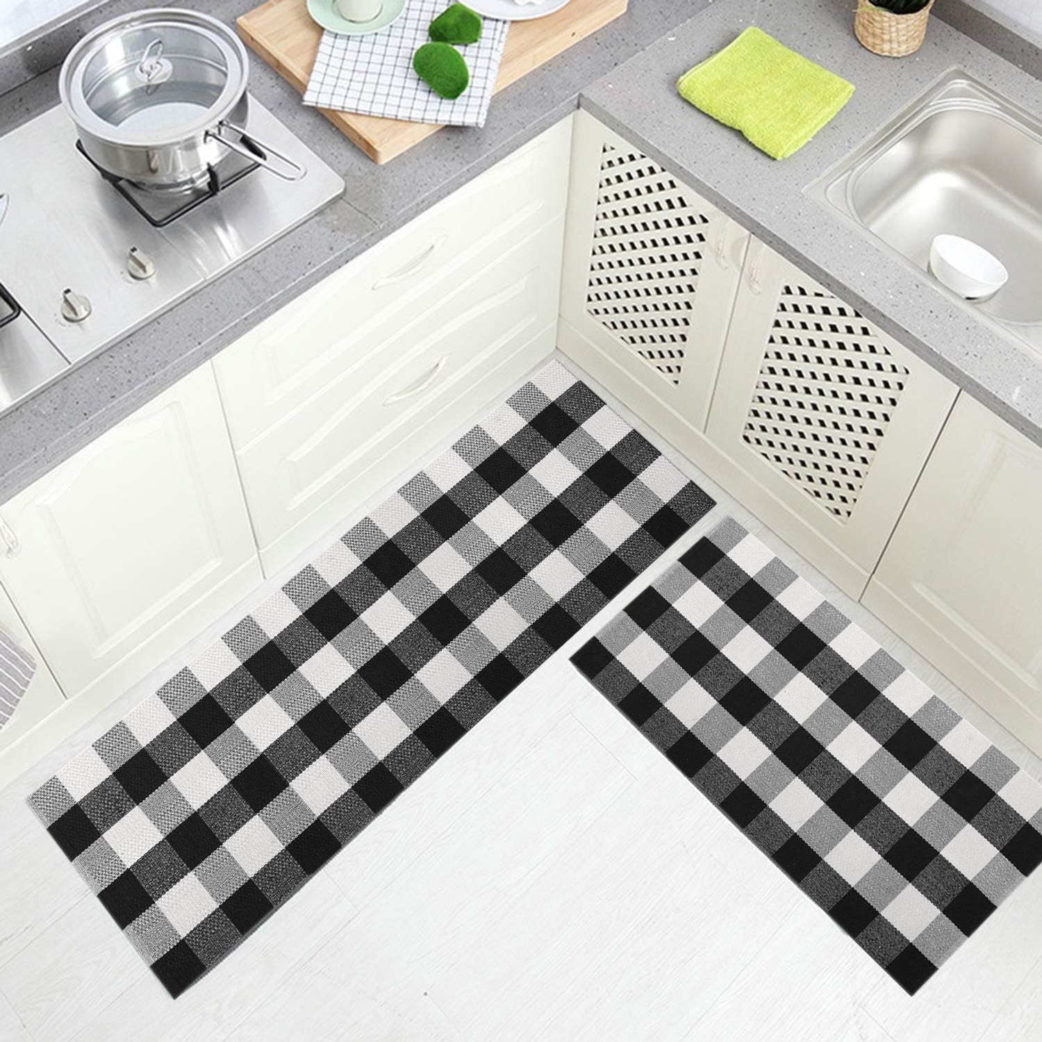 Cotton Buffalo Plaid Rug, 24×52 Black and White Outdoor Rug Front Door Decora…