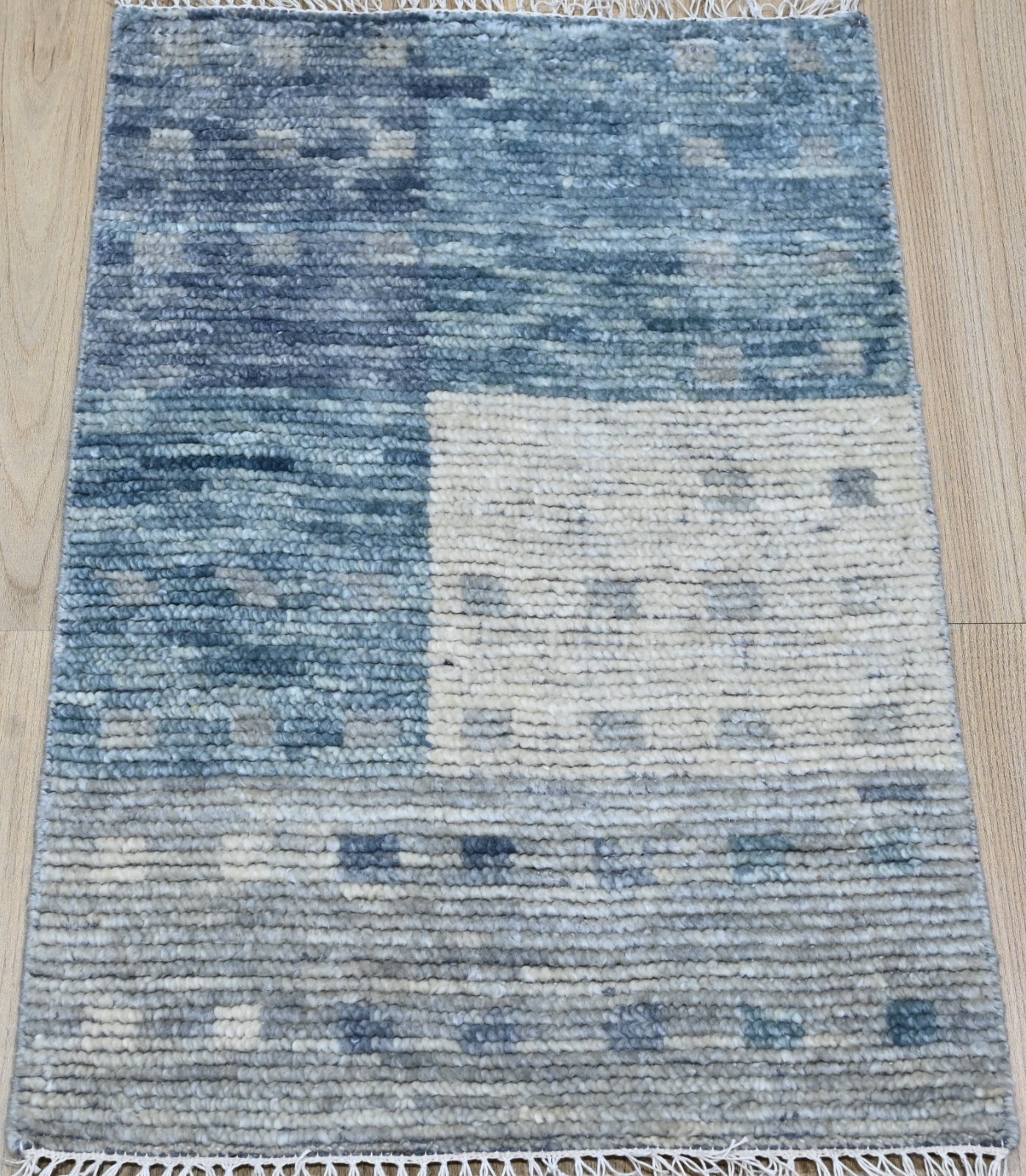 Hand Knotted Wool Rug Modern Denim Blue Neutral Geometric Textured Area 2×3 ft
