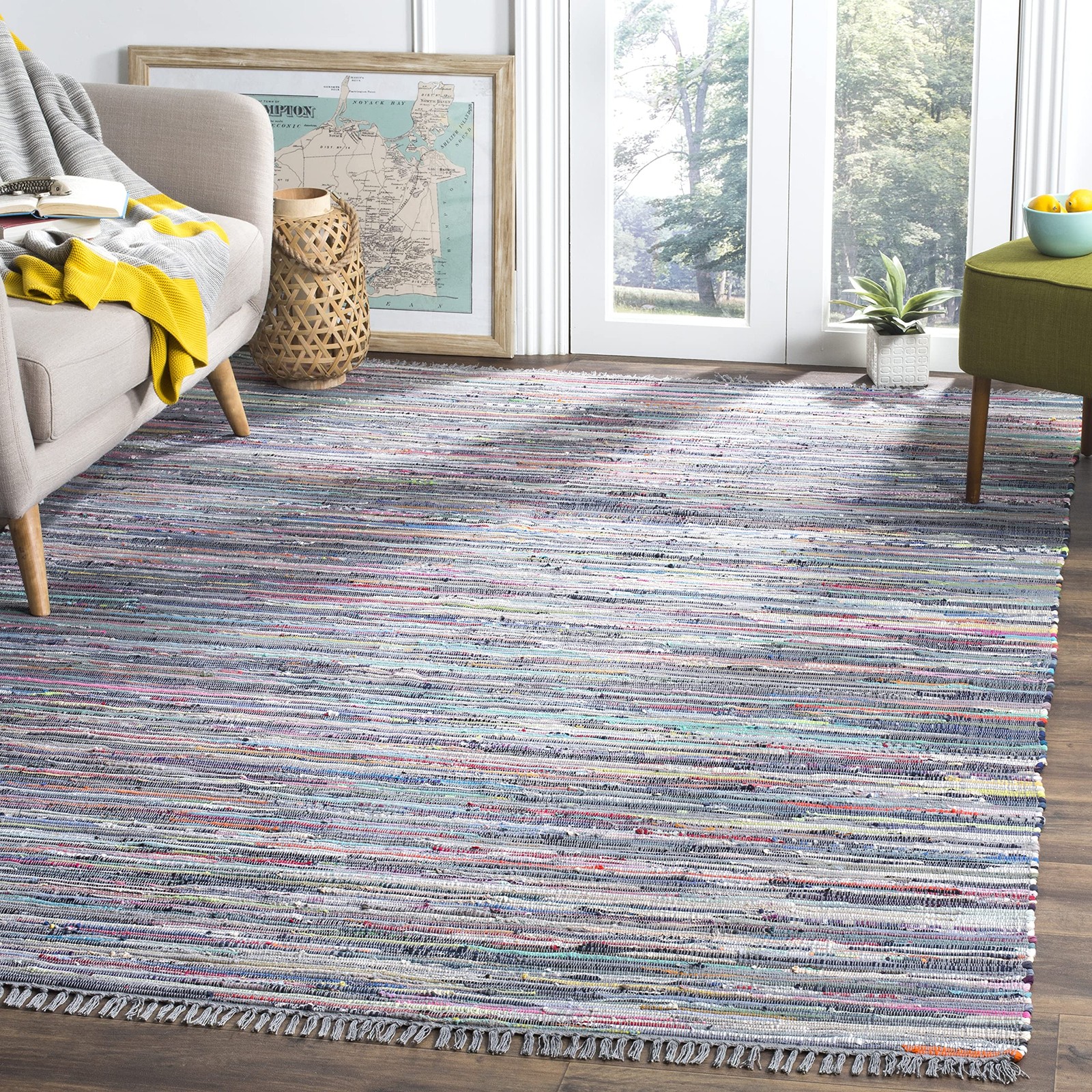 Rag Rug Collection Area Rug – 4′ Square, Aqua & Multi, Handmade Boho Stripe C…