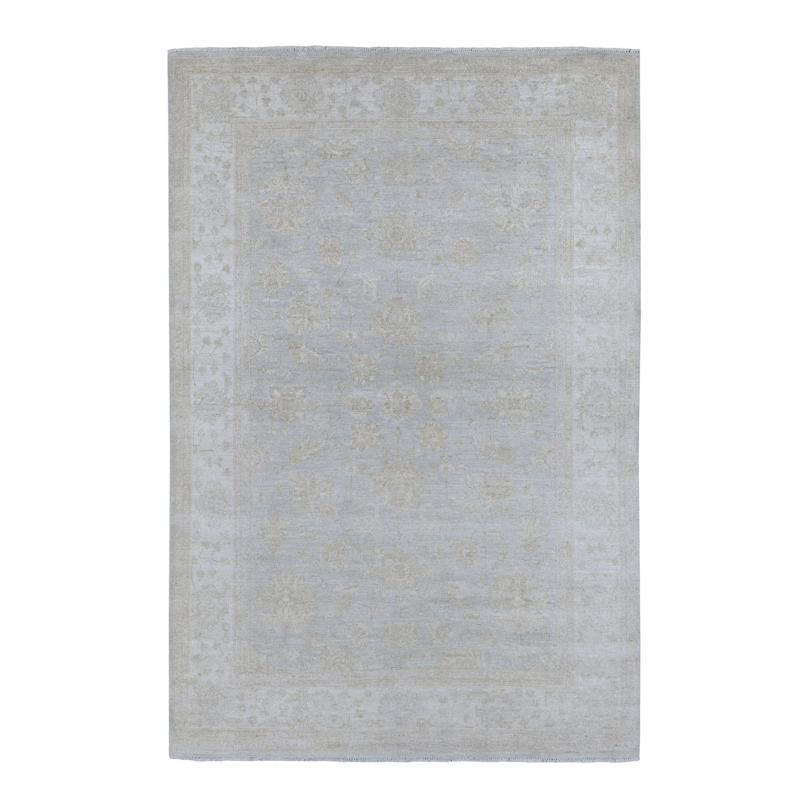 6’x8’10” White Wash Peshawar Pure Velvety Wool Light Gray Handknotted Rug R67375