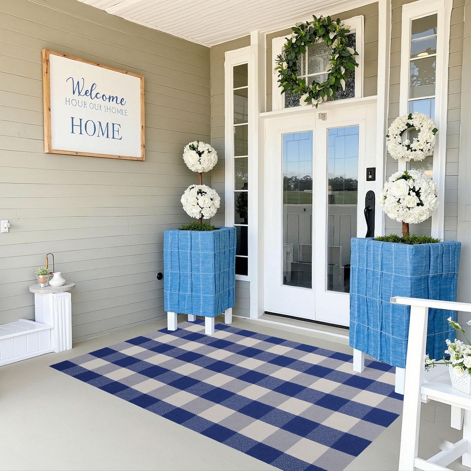 Buffalo Plaid Outdoor Rug 3′ x 5′ Blue and White Front Door Mat, Layering Rug…