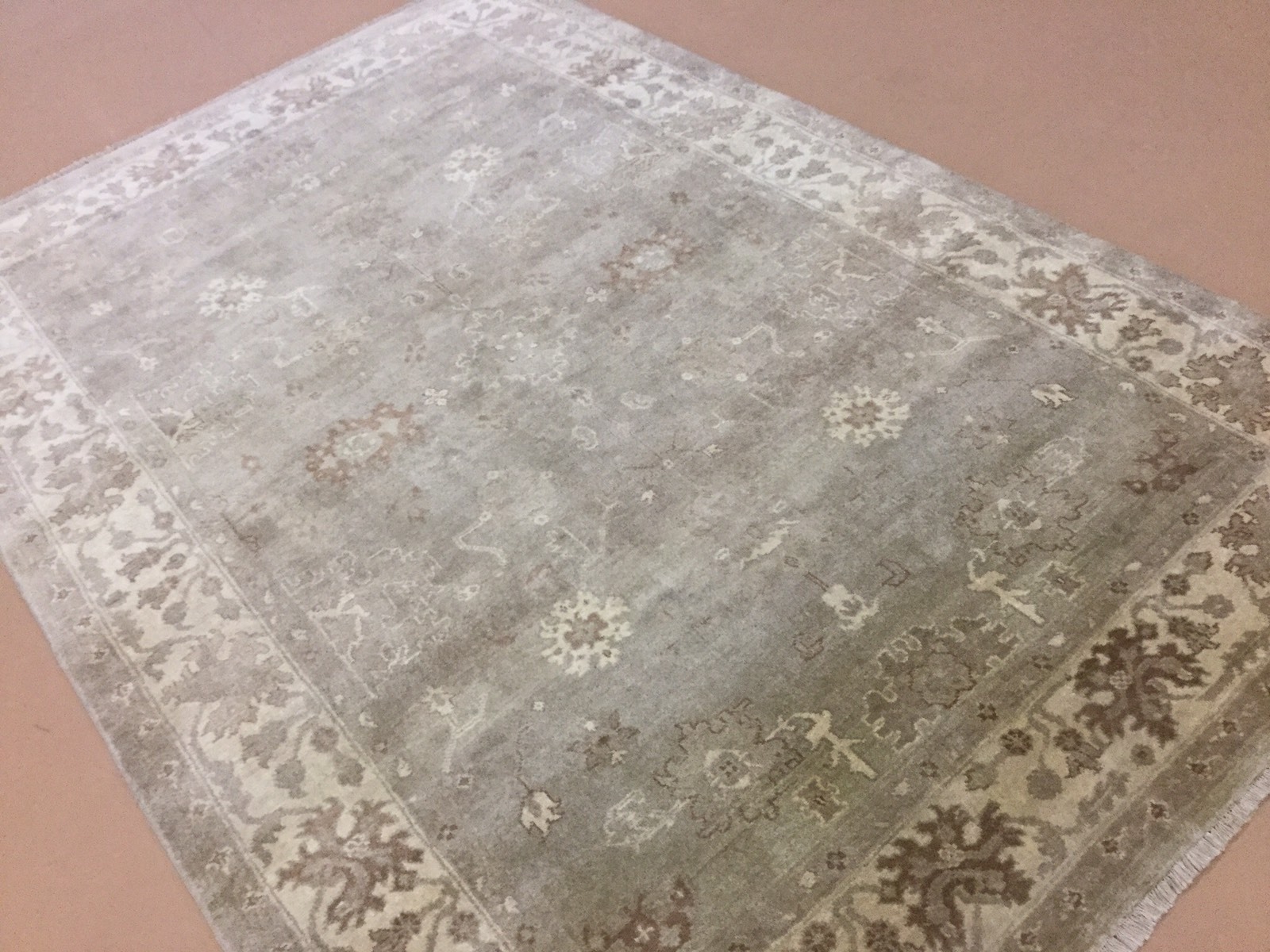 6′.3″ X 9′.3″ Soft Green Beige Fine Oushak Oriental Area Rug Hand Knotted Wool