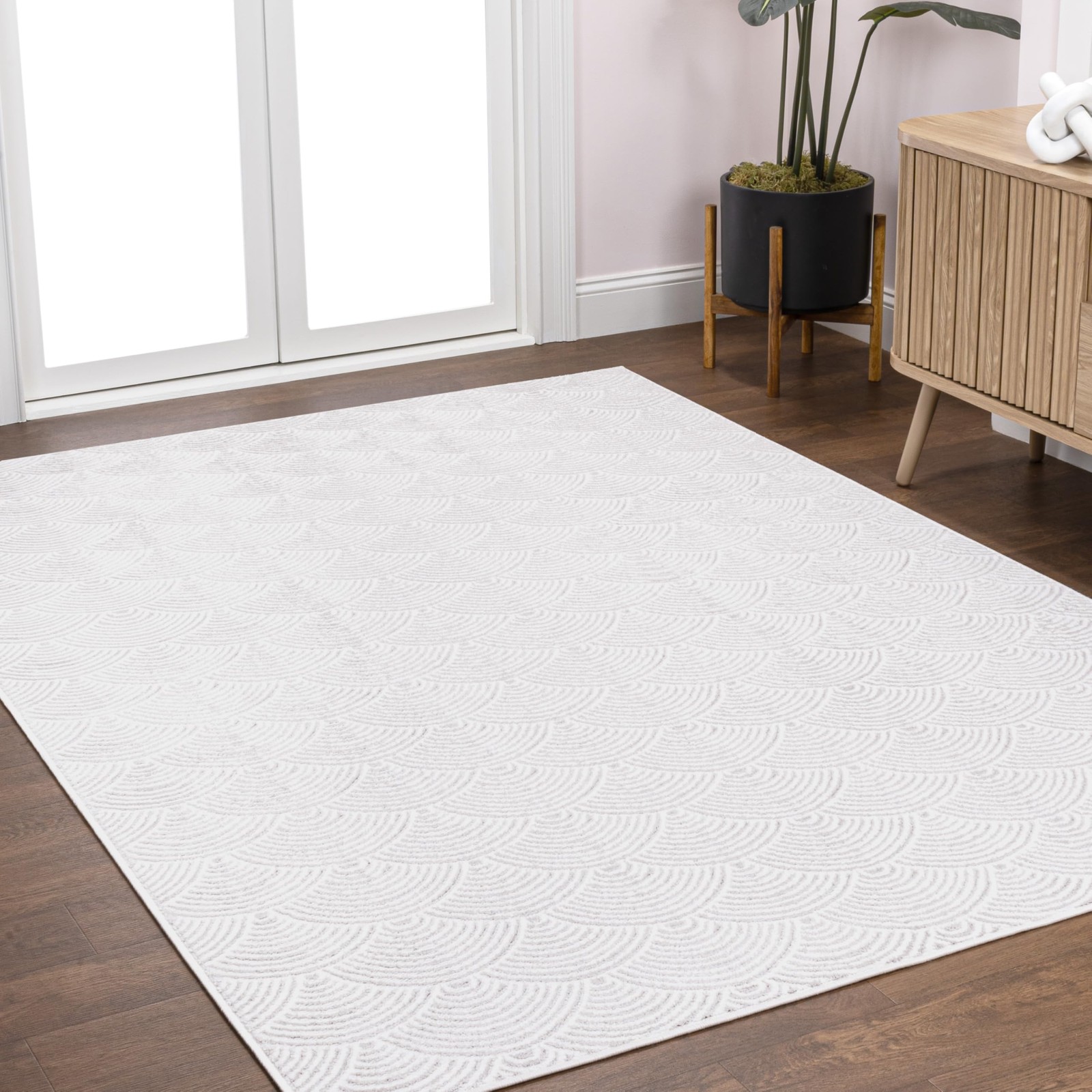 Porter Seigaiha Geometric High-Low White/Light Gray Indoor Area Rug, 5×8, Eas…