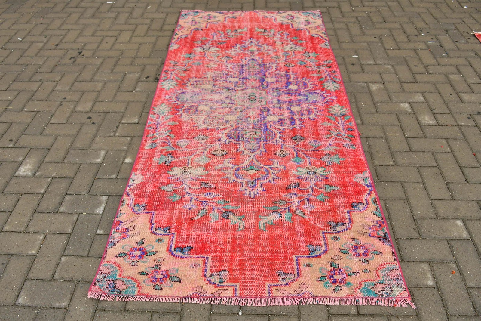 Vintage 3,7×7,8 ft Rug, Area Turkish Rug, Red Blue Ikat Wool Rug