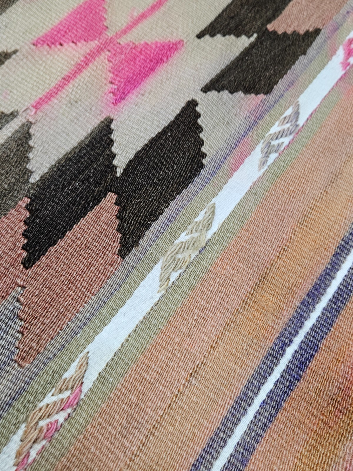 1.9 x 4 ft Vintage Handmade Turkish Kilim Rug with Diamond Medallion and Stripes