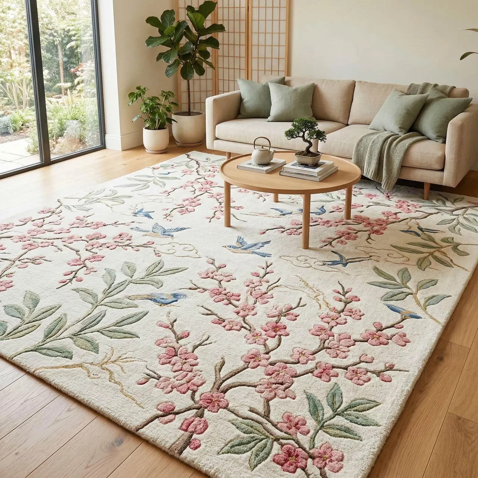 Chinoiserie Botanical Carpet Hand Tufted Elegant Sakura Blossom Sanctuary Rug