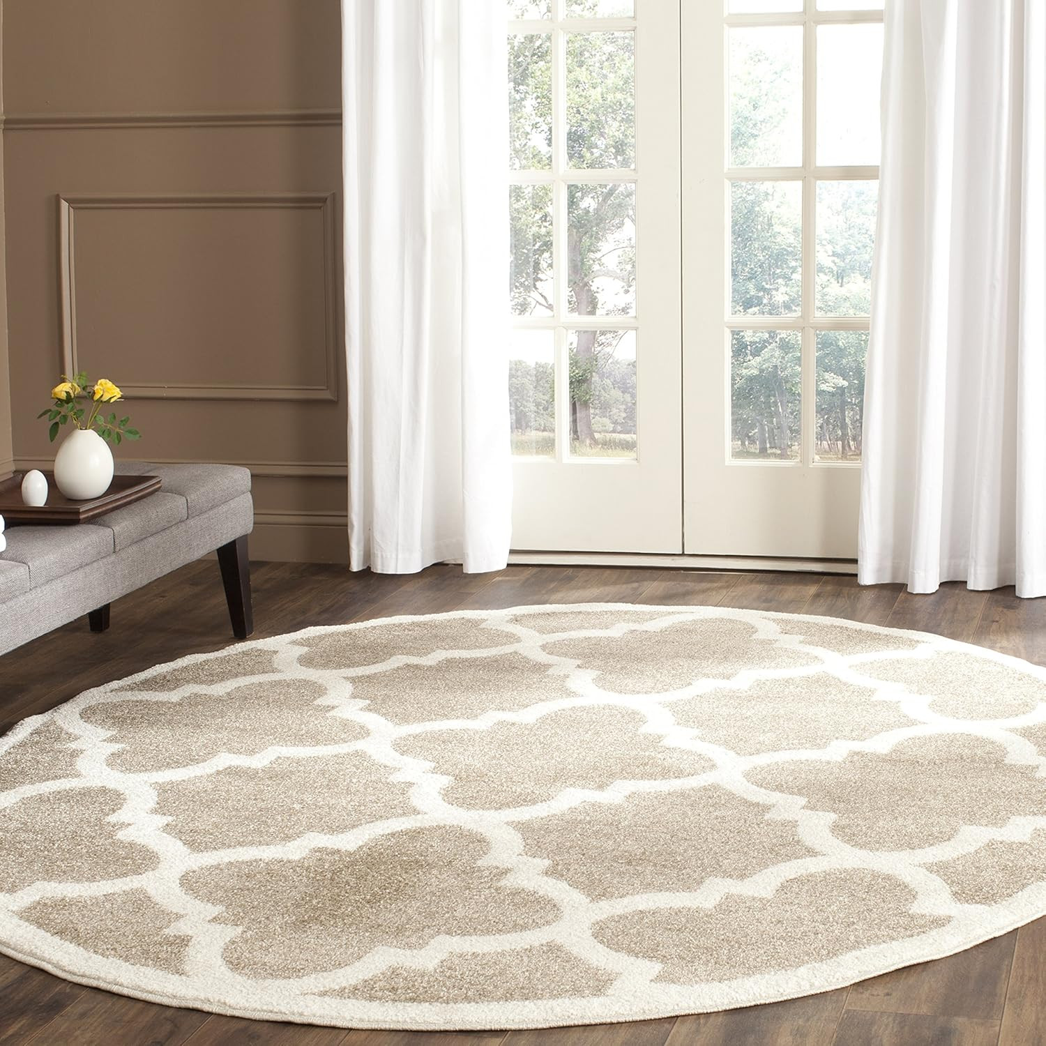 Amherst 7′ Round Area Rug – Wheat & Beige, Moroccan Trellis Design