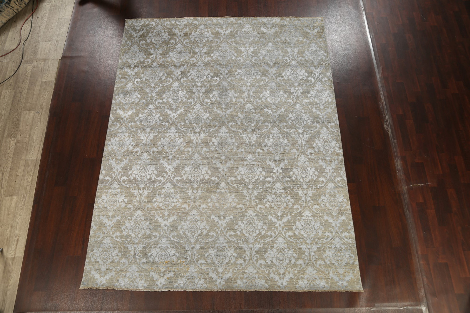 100% Vegetable Dye Abstract Rug 8×11 Ft Handmade Grey / Silver Wool & Silk Rug