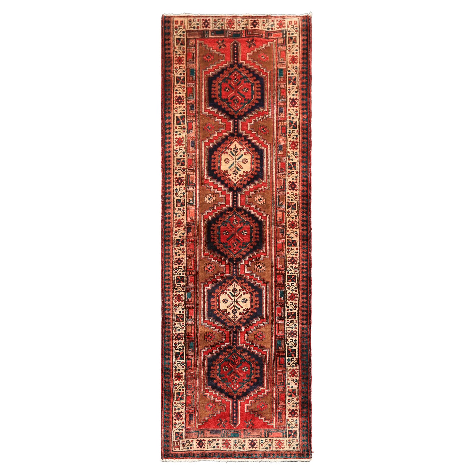 Vintage 4×11’1″ Runner Hand Knotted Wool Navy Brown Hamadaan Vegetable dyes Rug