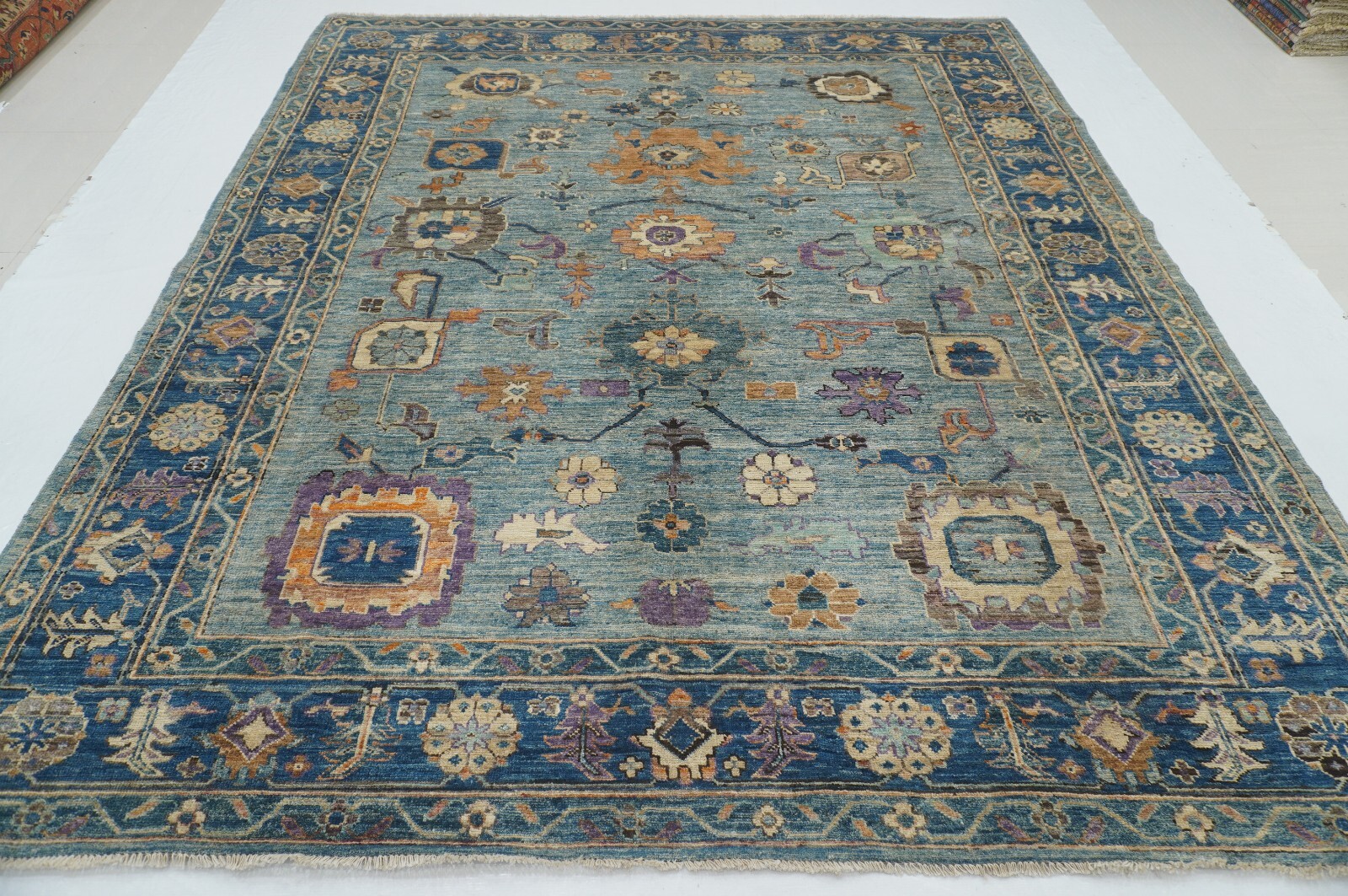 8 x 9 ft Muted Blue Turkish Oushak Hand Knotted Wool Oriental Rug