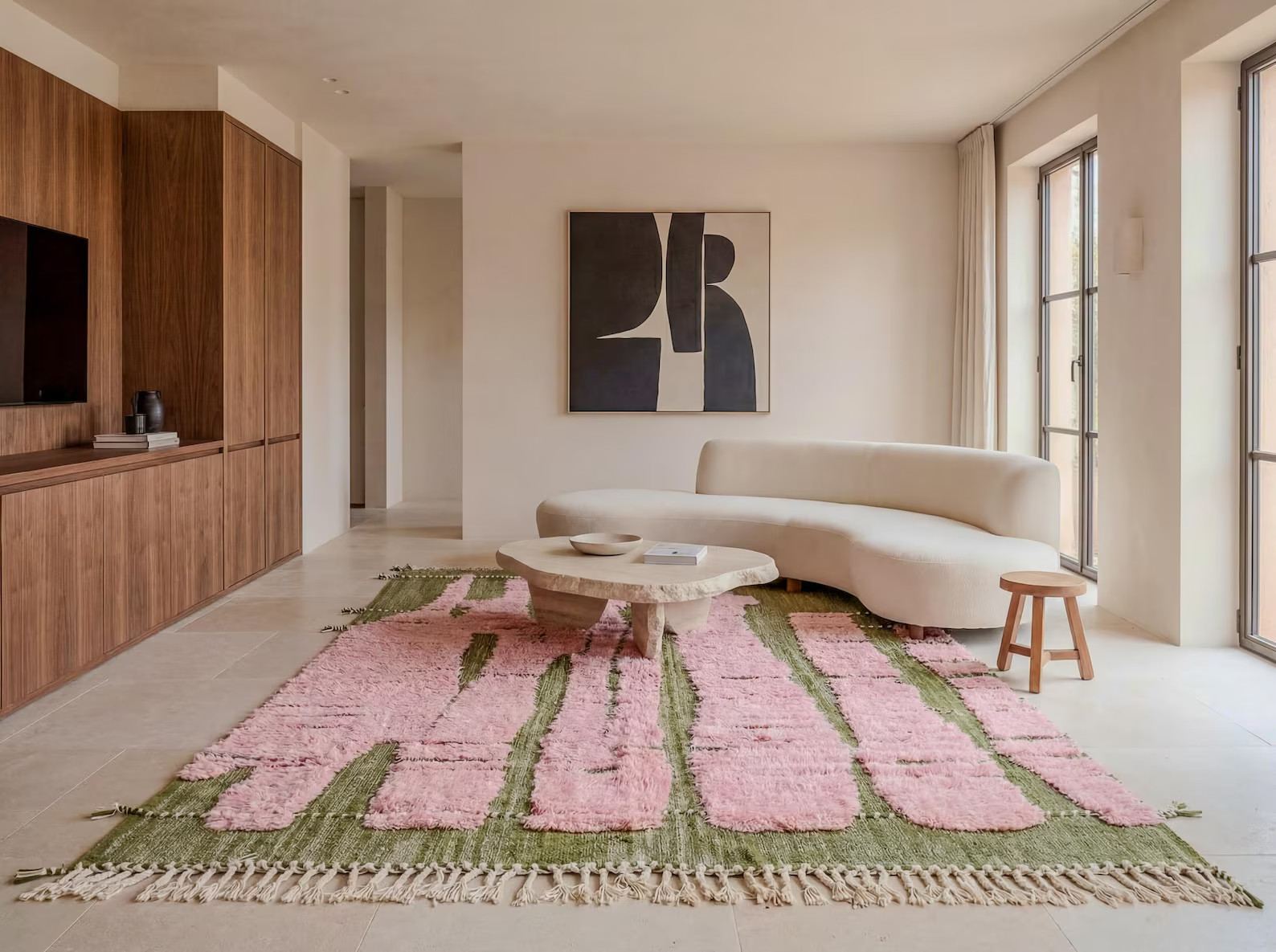 Green & Pink Bohemian Rug – Handmade Moroccan Wool Area Rug, Modern Design Rug.