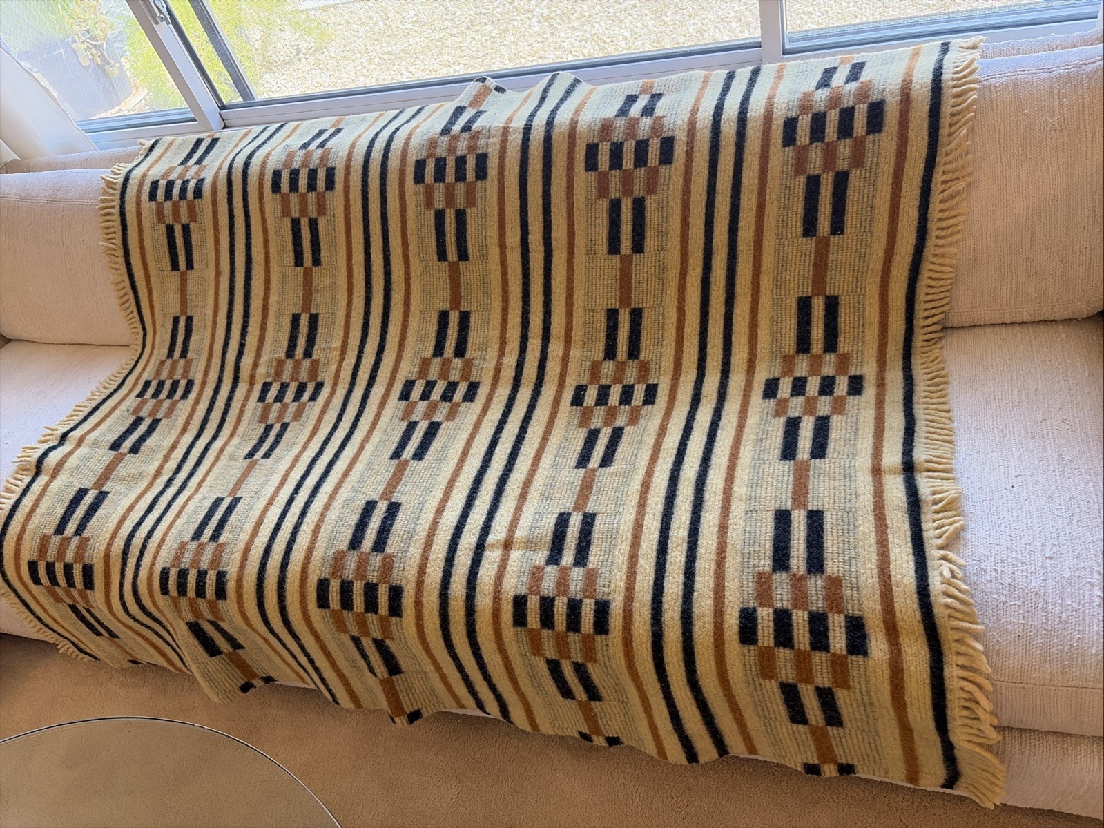 RARE Manatunga Rug New Zealand 100% Virgin Wool Gold& Brown Atomic Geometric Vtg