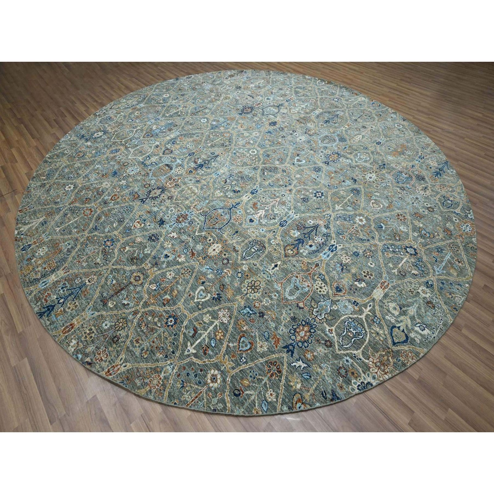 12’x12′ Green Wool Hand Knotted Trellis Borderless Garden Design Round Rug 77087