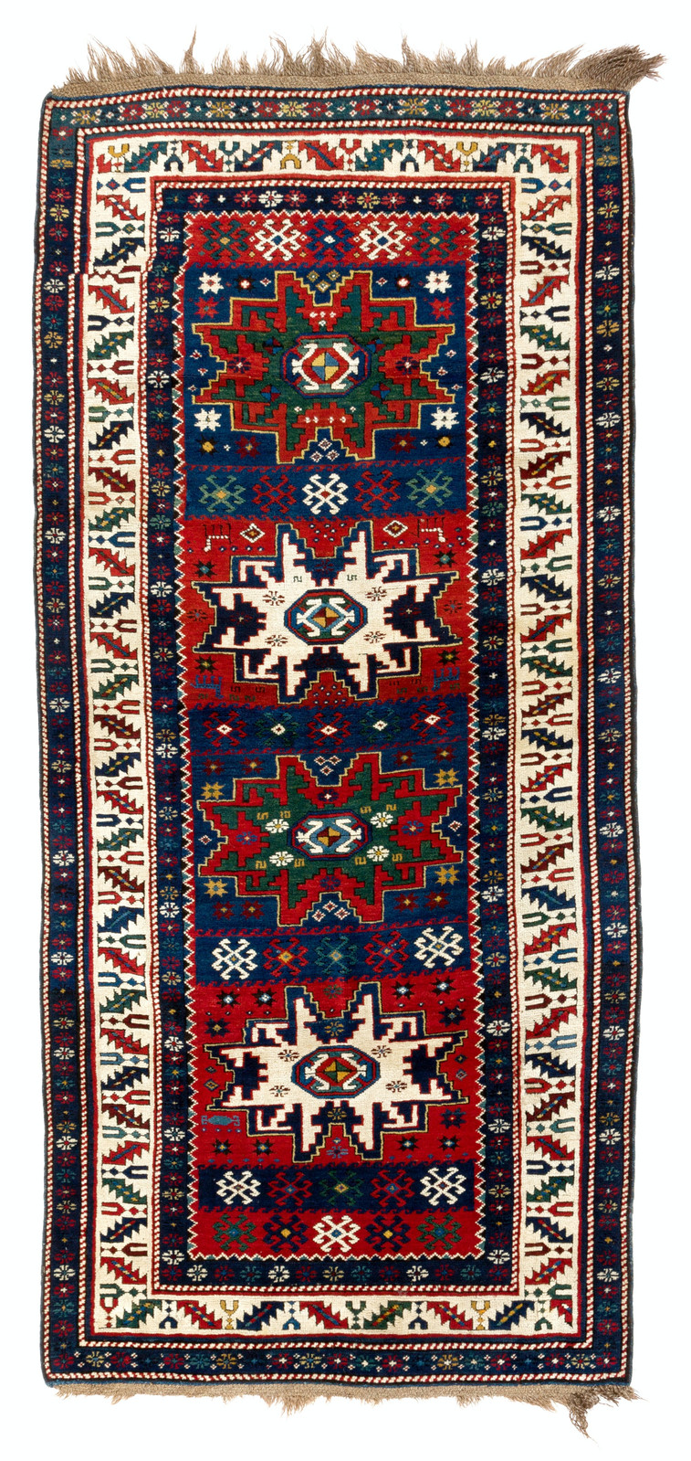 3.7×8.3 Ft Antique Caucasian Karabagh Kazak Rug with Lesghi Stars, Ca 1890
