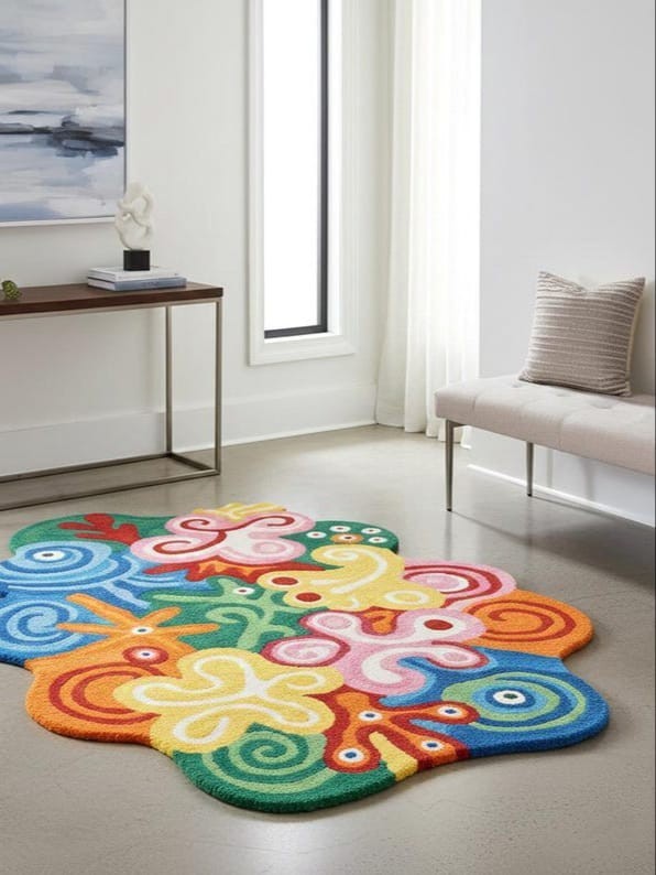 Handmade Abstract Floral Area Rug – Hand-Tufted Irregular Shape Carpet