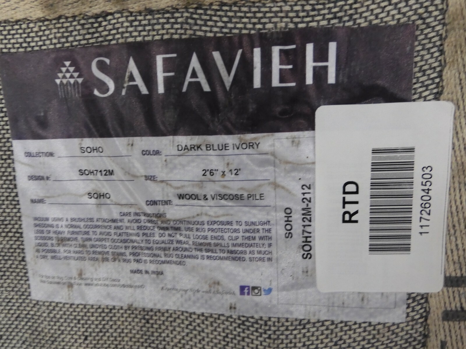 DARK BLUE / IVORY 2′-6″ X 12′ Hole in Rug Reduced Price 1172604503 SOH712M-212