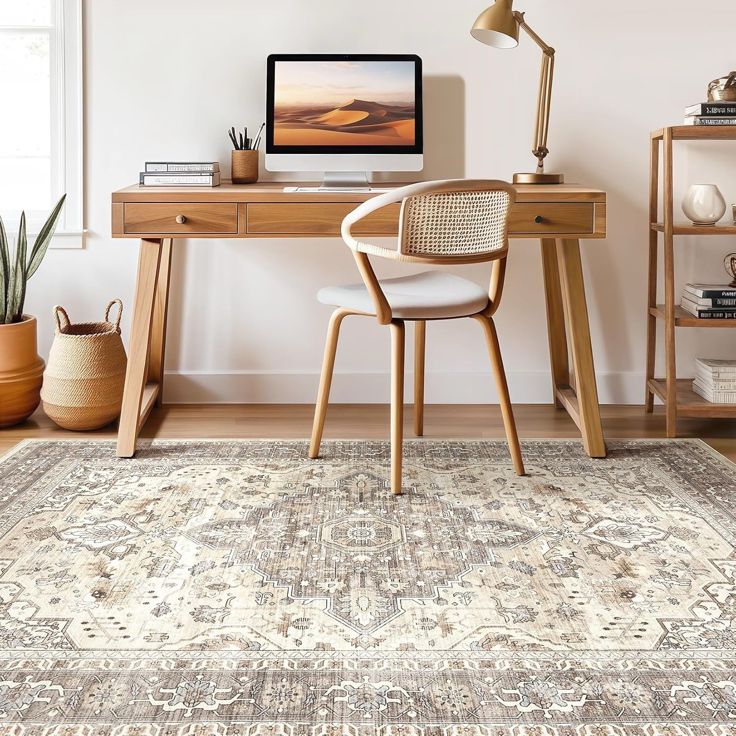 Washable Area Rug, Non-Slip Boho Farmhouse Vintage Carpet, Beige/Brown, 5×7