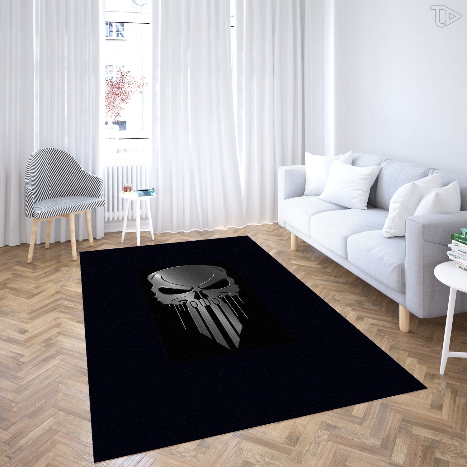 Sleek Silver Skull Area Rug – Minimalist 3D Effect Vigilante Floor Art