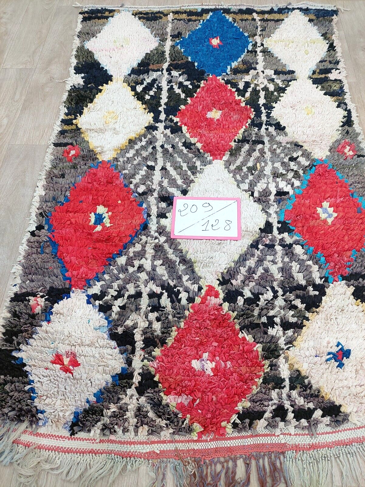 Moroccan Vintage Rug 4×7 Ft Handmade Berber Grey Black Red Geometric Azilal Rug