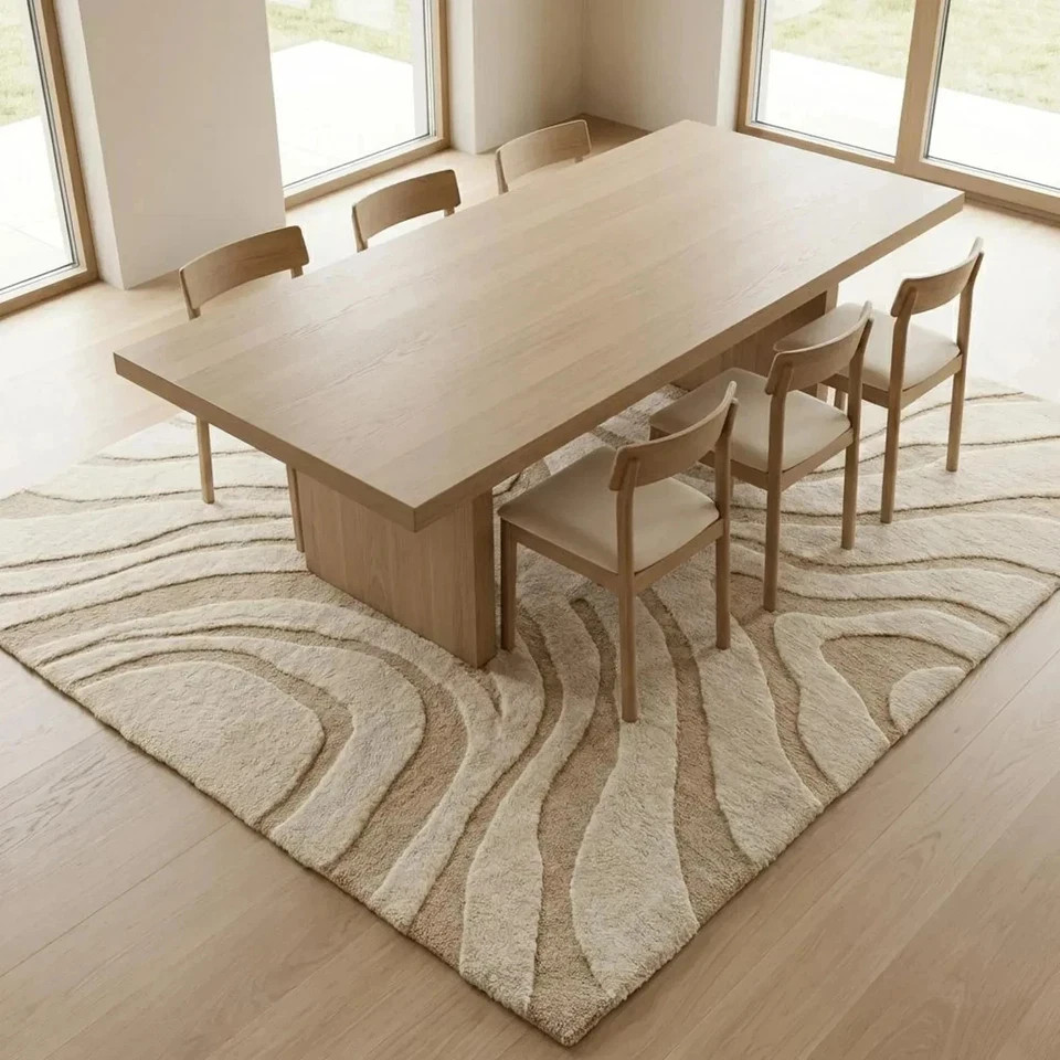 Modern Hand Tufted Wool Rug Neutral Wavy Abstract Area Rugs Cozy Housewarming