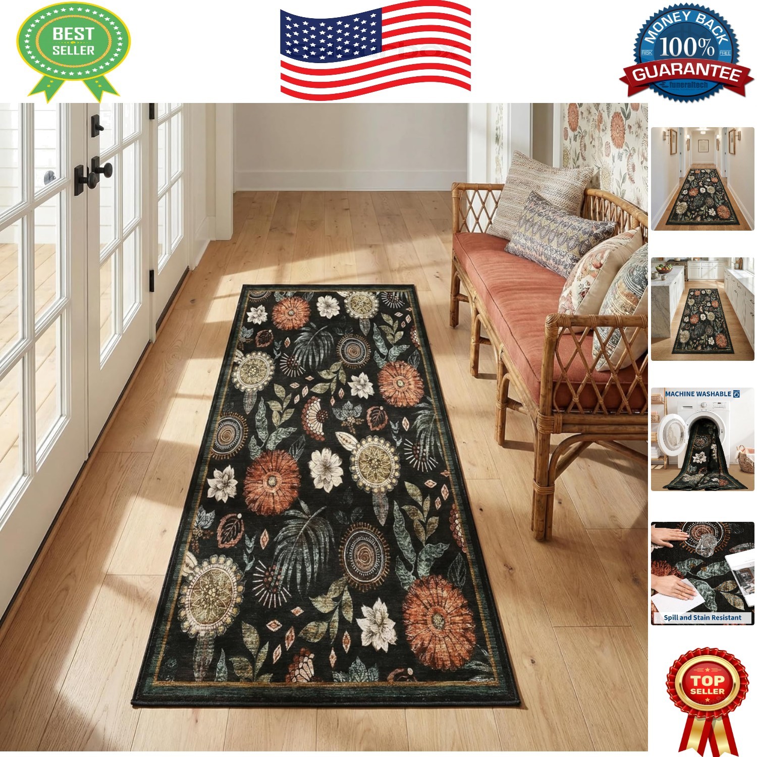 Black Vintage Boho Floral Runner Rug 2’x10′ | Soft, Stain Resistant, Non-Slip