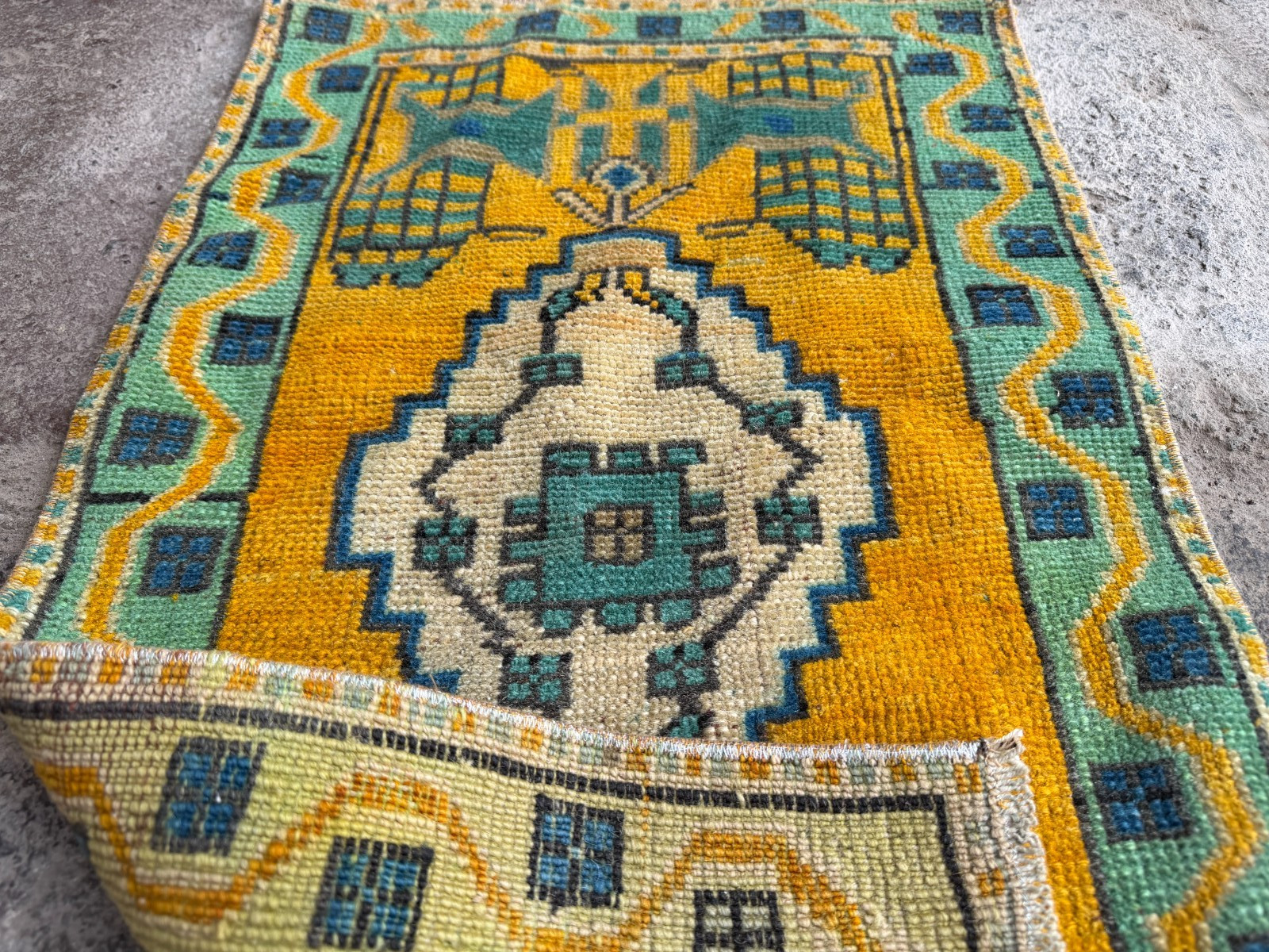Vintage Turkish Rug 1.5×2.7 ft Golden Yellow Mint Green Small Boho Rug