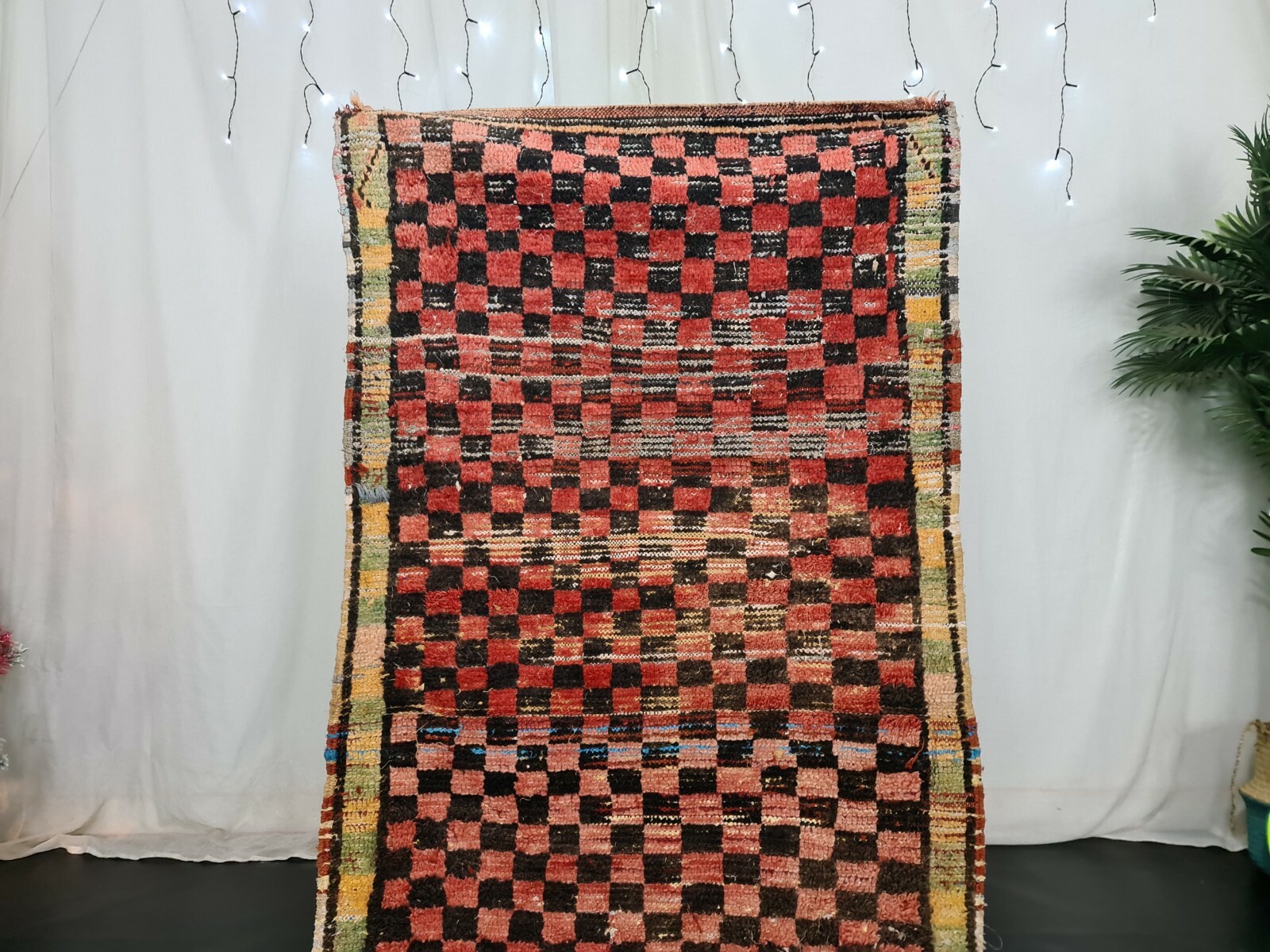 Vintage Moroccan Tribal Handmade Rug 3’1″x6’5″ Berber Red Checkered Wool Carpet