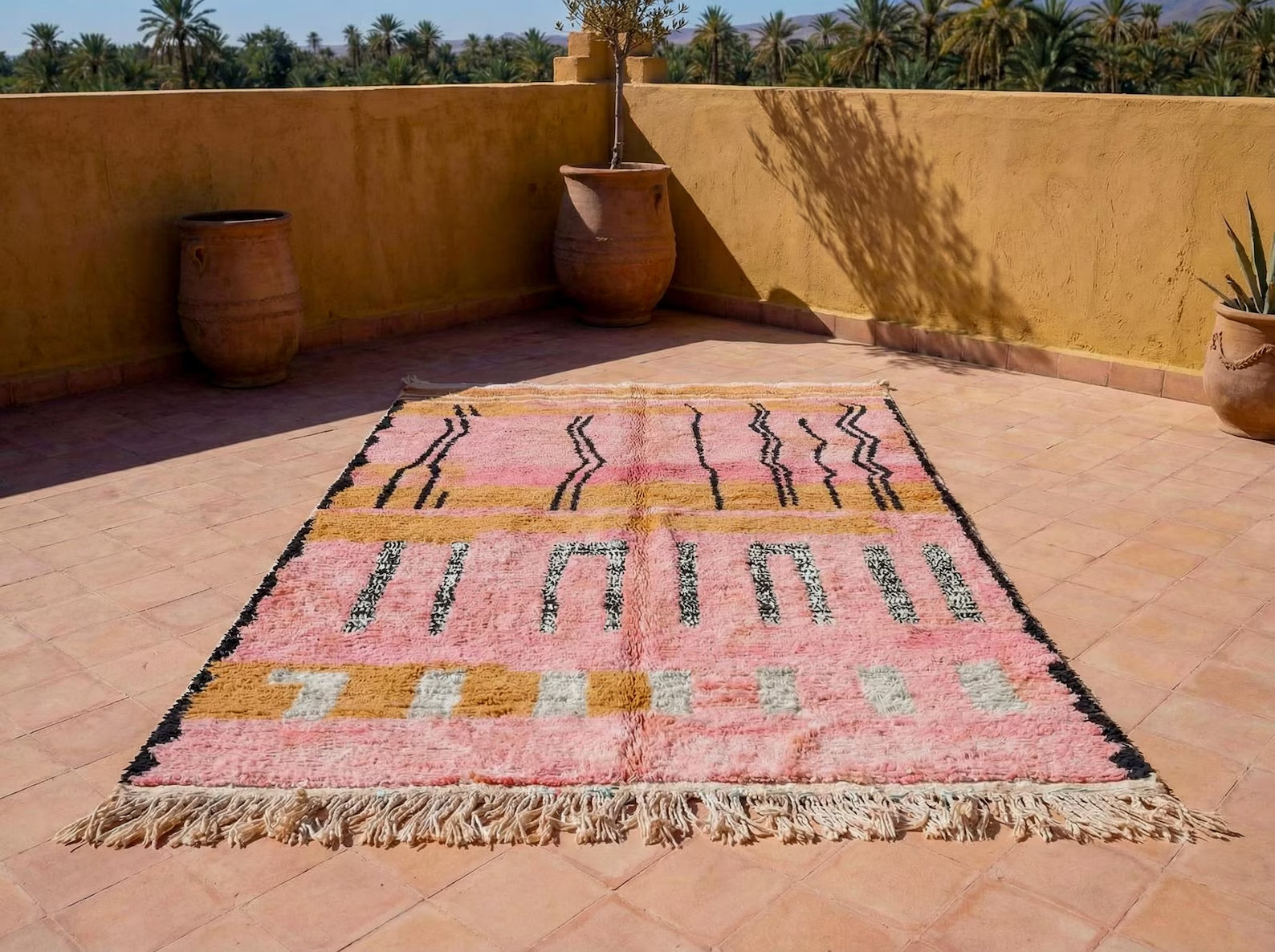 Abstract Boho Sunset Carpet – Hand-Knotted Pink Orange Moroccan Rug