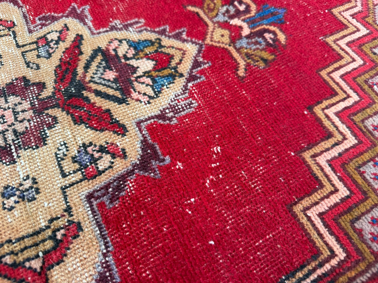 Vintage Oushak Tribal Rug, Handmade Turkish Anatolian Wool Geometric Area 3×5 ft