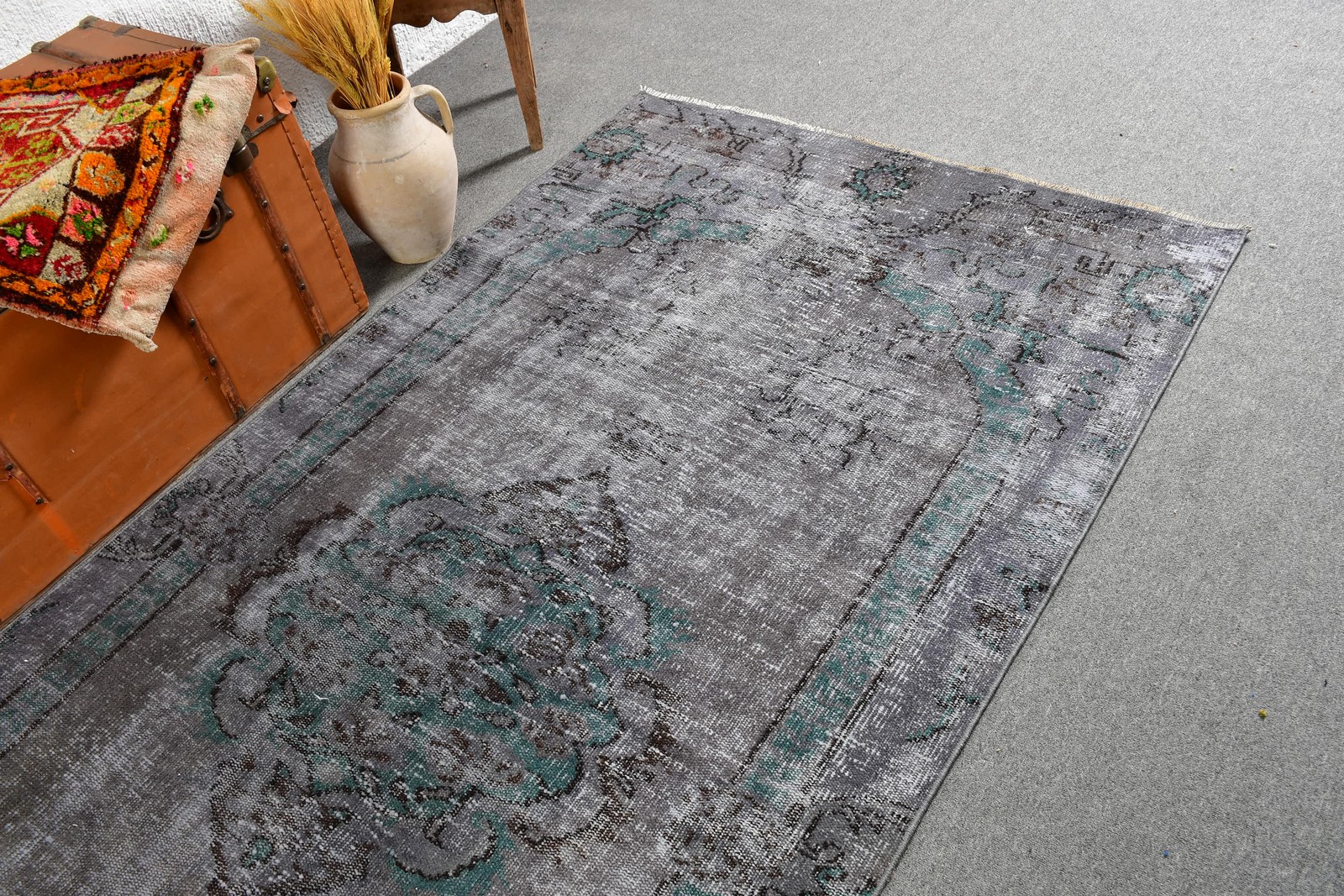 4,1×8,5 ft Turkish Rug, Gray Plants & trees Vintage Wool Rug