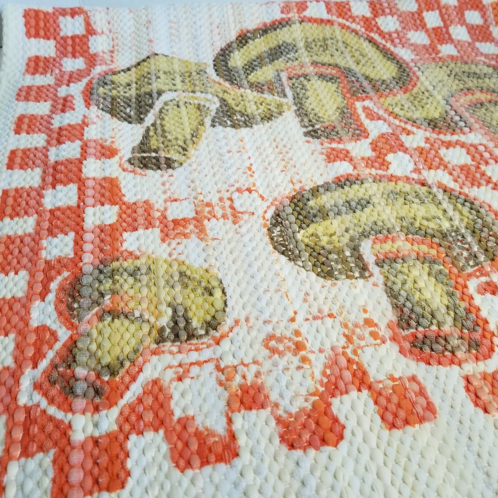 1970s Mushroom Rug 42″×23″ Woven Distressed Checkered Vintage