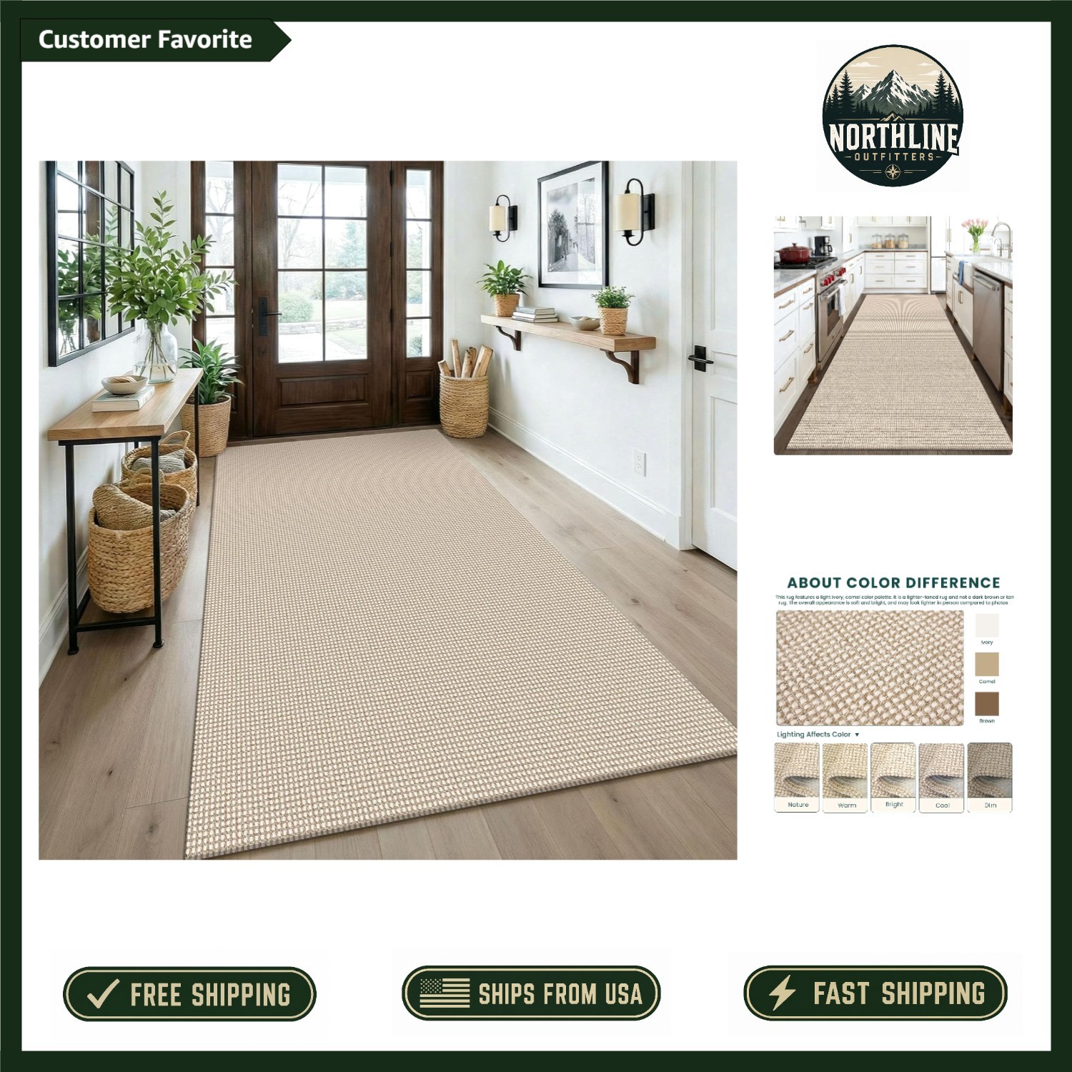 Stylish Non-Slip 4×6 ft Area Rug – Ivory/Camel/Brown Geometric Patterned
