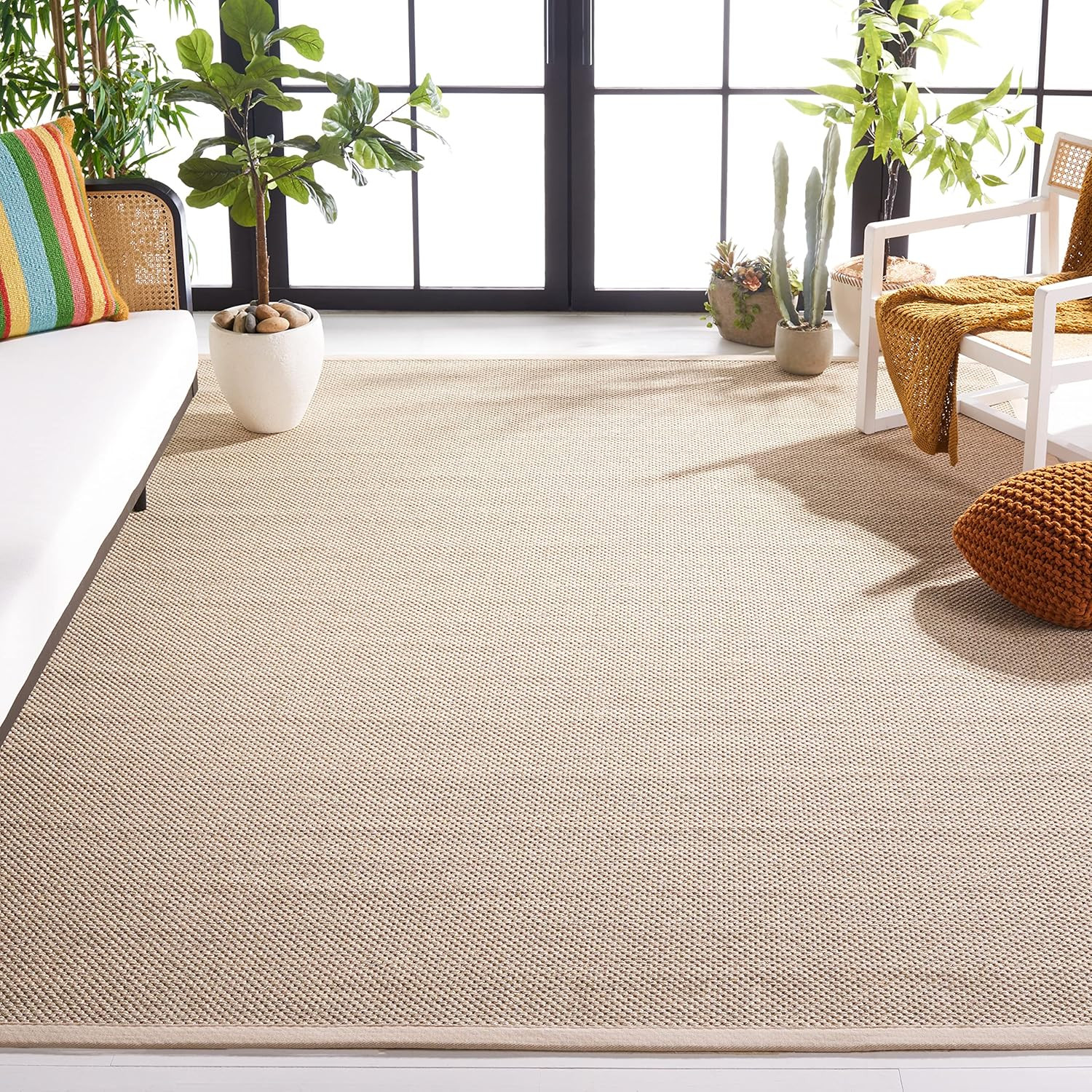Large 9×12 Natural Fiber Area Rug – Marble & Beige Woven Design with Border