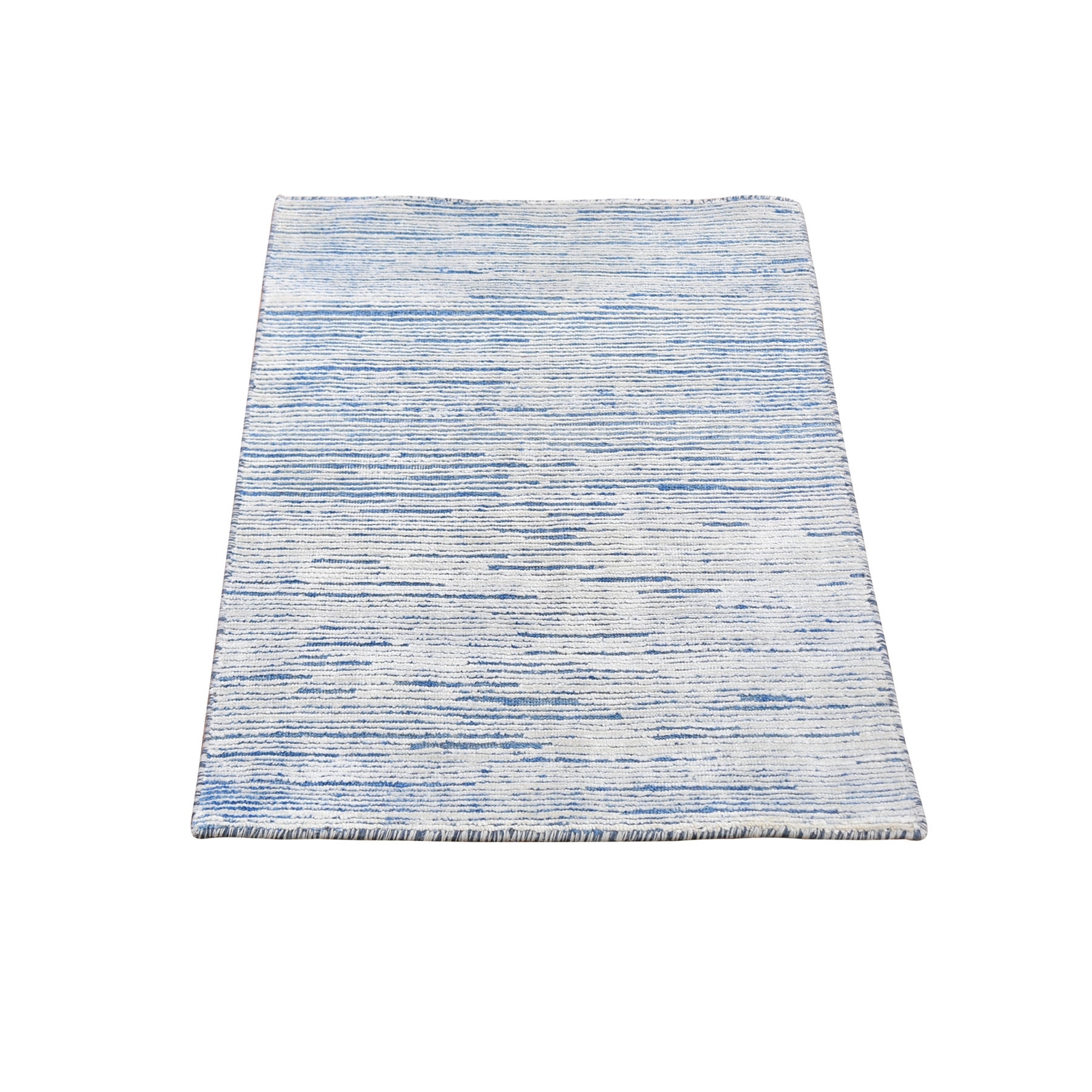 2’x3′ Blue Silk with Text Wool Striae Design Hand Knotted Oriental Rug R59542