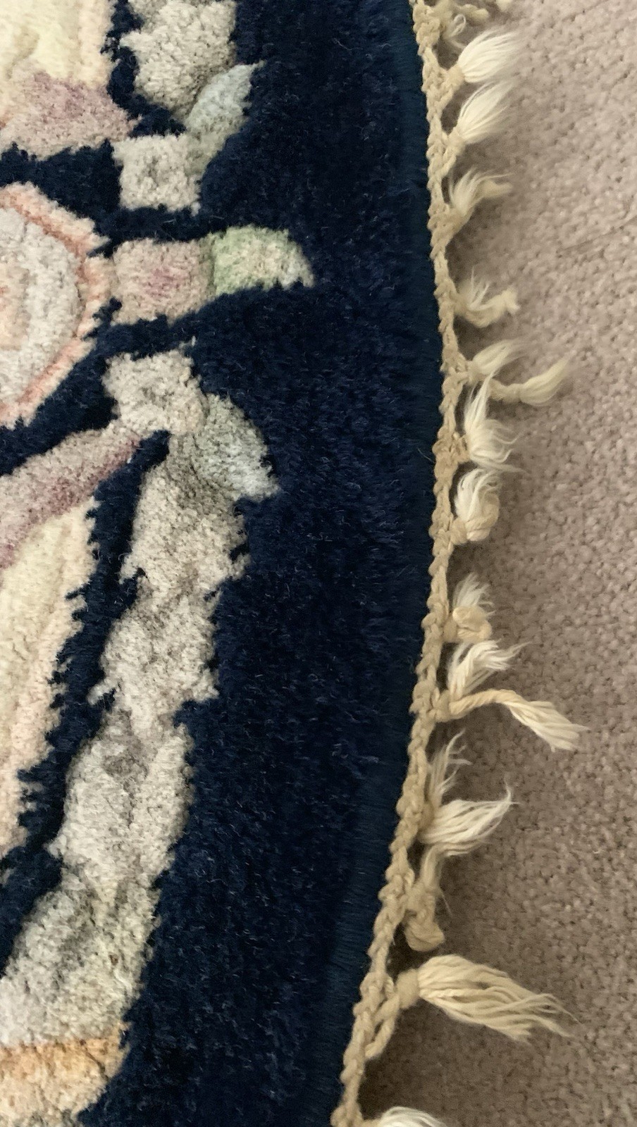 Vtg 100% Wool Pile Rug 48” Round Hand Knotted Chinese Art Deco Blue Cream