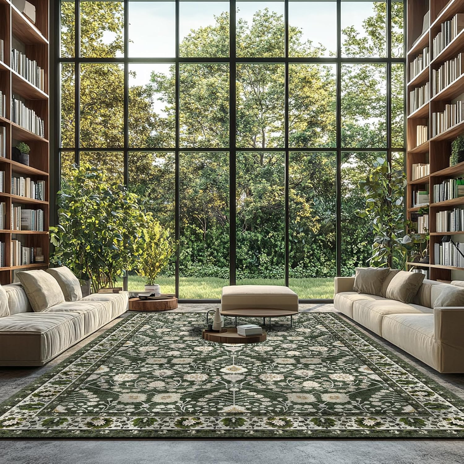 Large Living Room Rug Dark Green Floral Area Rugs Machine Washable Rug 8X10 Boho