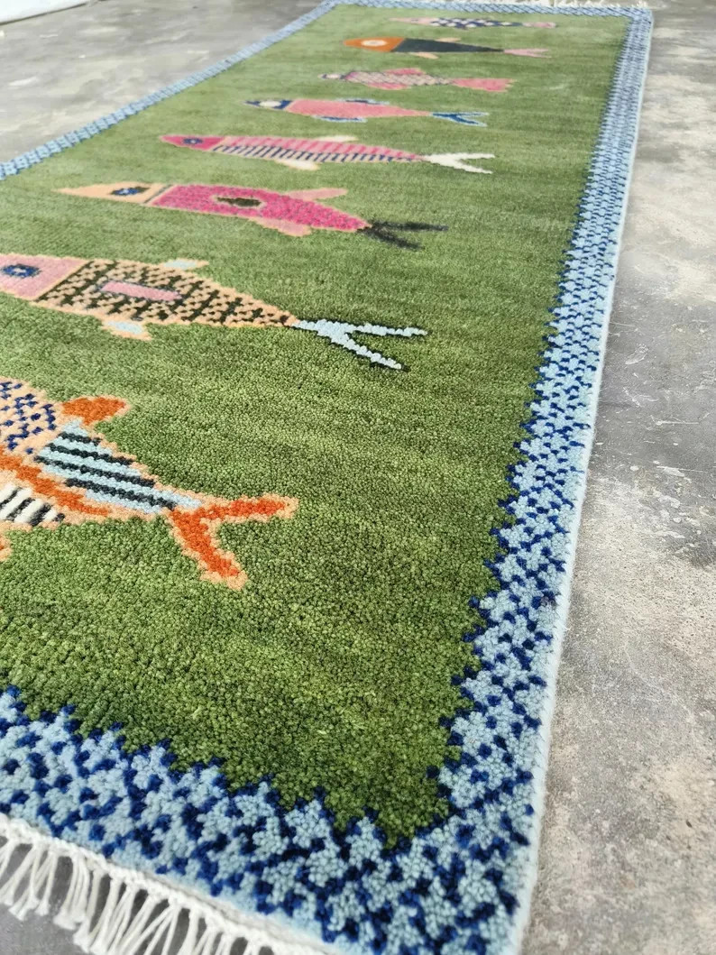 Koi Fish Runner Rug: Green Colorful Carpet Handmade Wool Area Rug