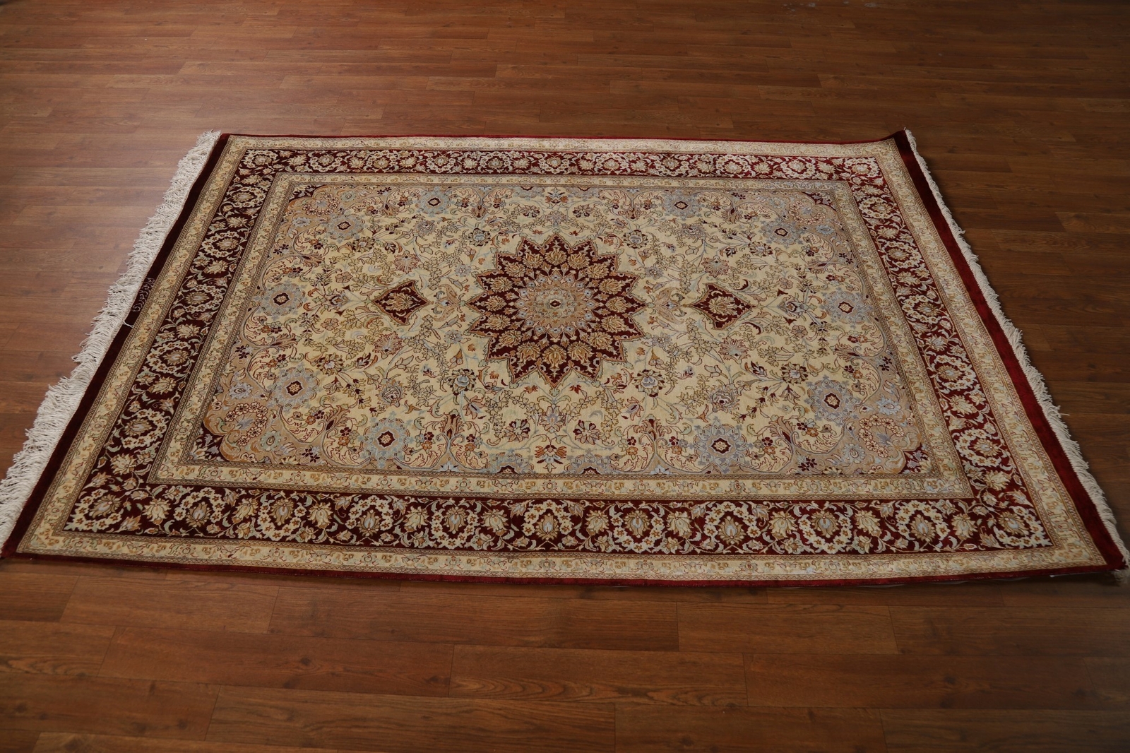 100% Silk Handmade Qquum Beige Traditional Floral Rug Area Carpet 4×6
