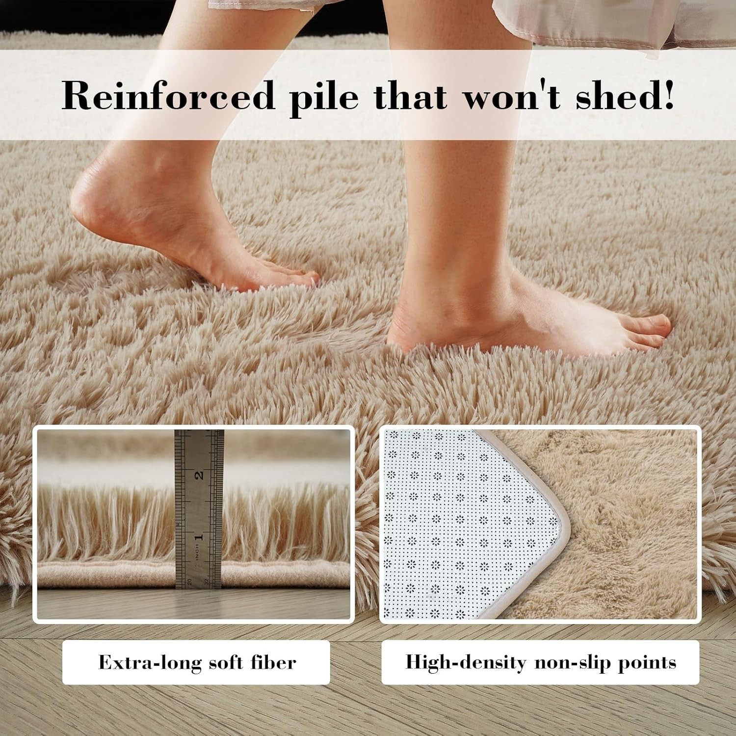 Beige Shaggy Area Rug 8×10 Faux Fur Non-Slip Soft Carpet for Living Bedroom