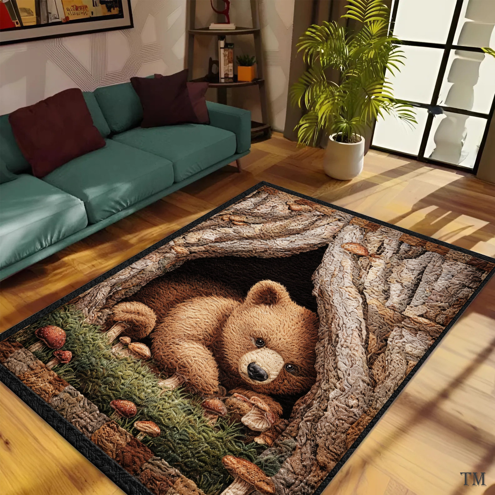 Cute Bear Cub in Tree Hollow Area Rug, Woodland Animal Carpet, Rustic Forest Nur