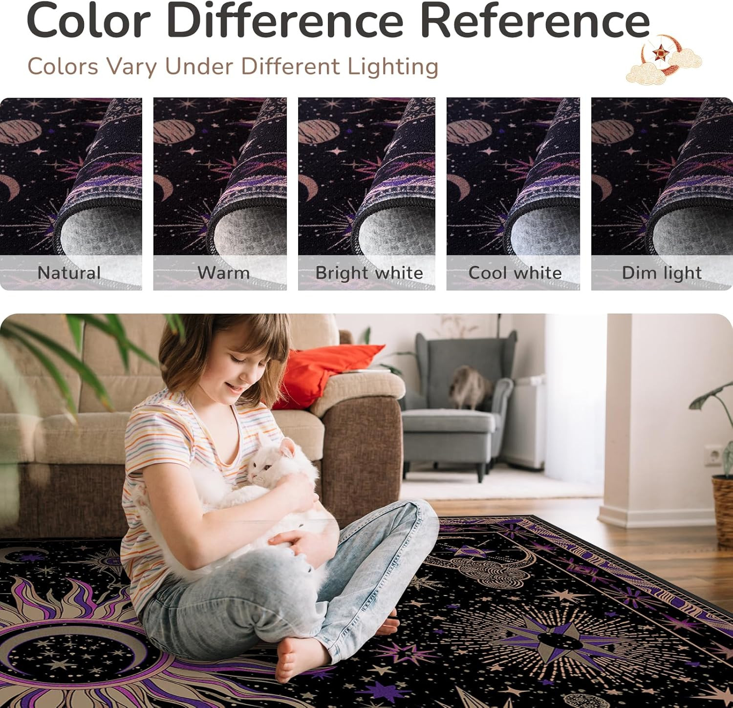 5X7 Area Rugs, Washable Vacuum-Friendly Non-Slip Rug Vintage Boho Gothic Sun and