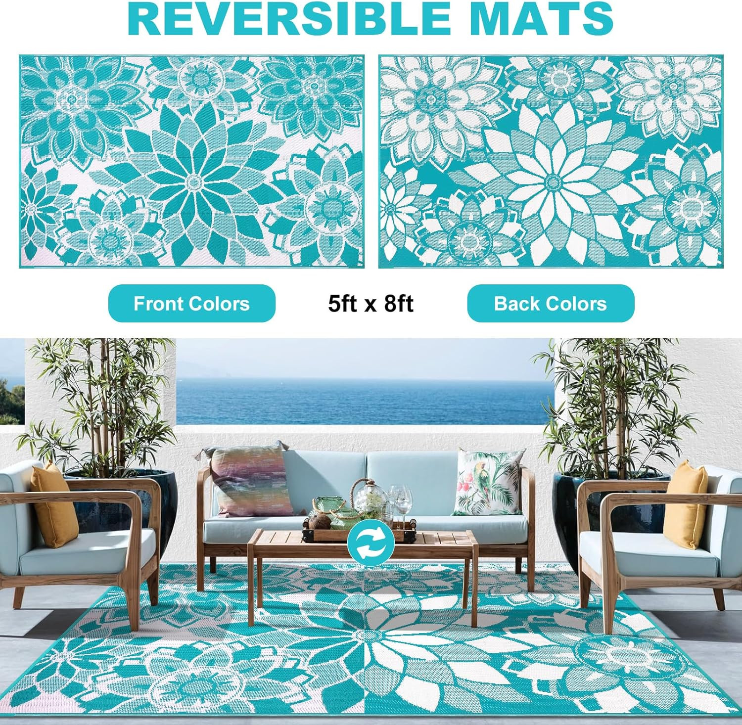 Outdoor Rug for Patio 5X8 Ft Reversible Plastic Straw Patio Camping Rug, Floral