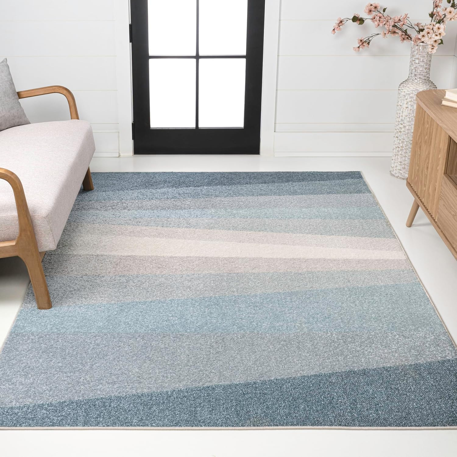 Modern Prism Geometric Striped Area Rug 8×10 – Blue/Cream/Gray, Easy-Clean