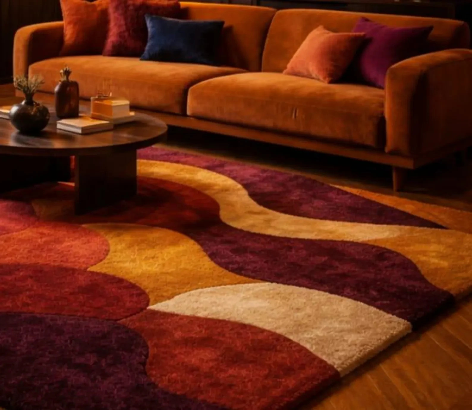 Mid Century Modern Patchwork Area Rug – Hand Tufted 70s Geometric Brunt Carpet.